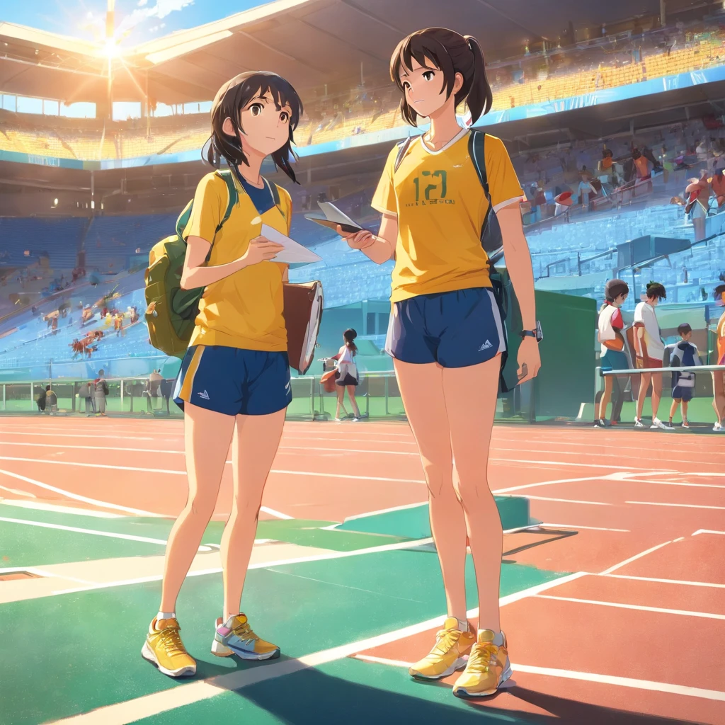Descreva uma cena em que um alto, Athletics coach stands next to a girl who is sitting in the bleachers, observando atentamente alguns atletas correndo na pista de atletismo. The coach is remarkably tall, Standing out from the crowd. She wears typical sneaker clothes, incluindo uma camiseta esportiva amarela, yellow shorts, Sneakers and a clipboard in your hands. The girl seems to be completely absorbed in the action, com os olhos fixos nos corredores que passam por ela. The tall coach is next to the girl, observando a pista com um olhar atento e orgulhoso. Ela tem um sorriso discreto no rosto, demonstrating his support for the girl and his passion for the sport. The athletics track in front of you is illuminated by the sun, destacando os corpos suados dos corredores em movimento, enquanto a menina e sua treinadora alta permanecem ali, maravilhadas com a cena diante delas.