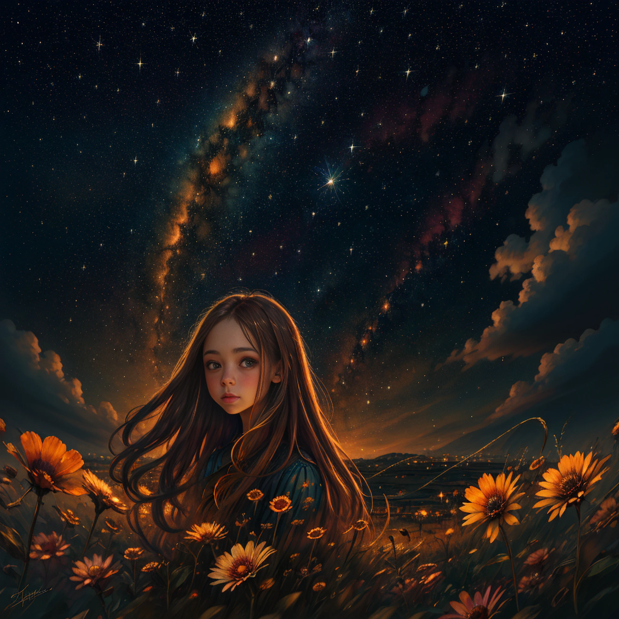 half portrait, Best quality, masterpiece, ultra high res, (photo realistic:1.4), surrealism, dream-like,
1 girl, absurdly long hair, starry sky, night,stars, galaxy, flower,
