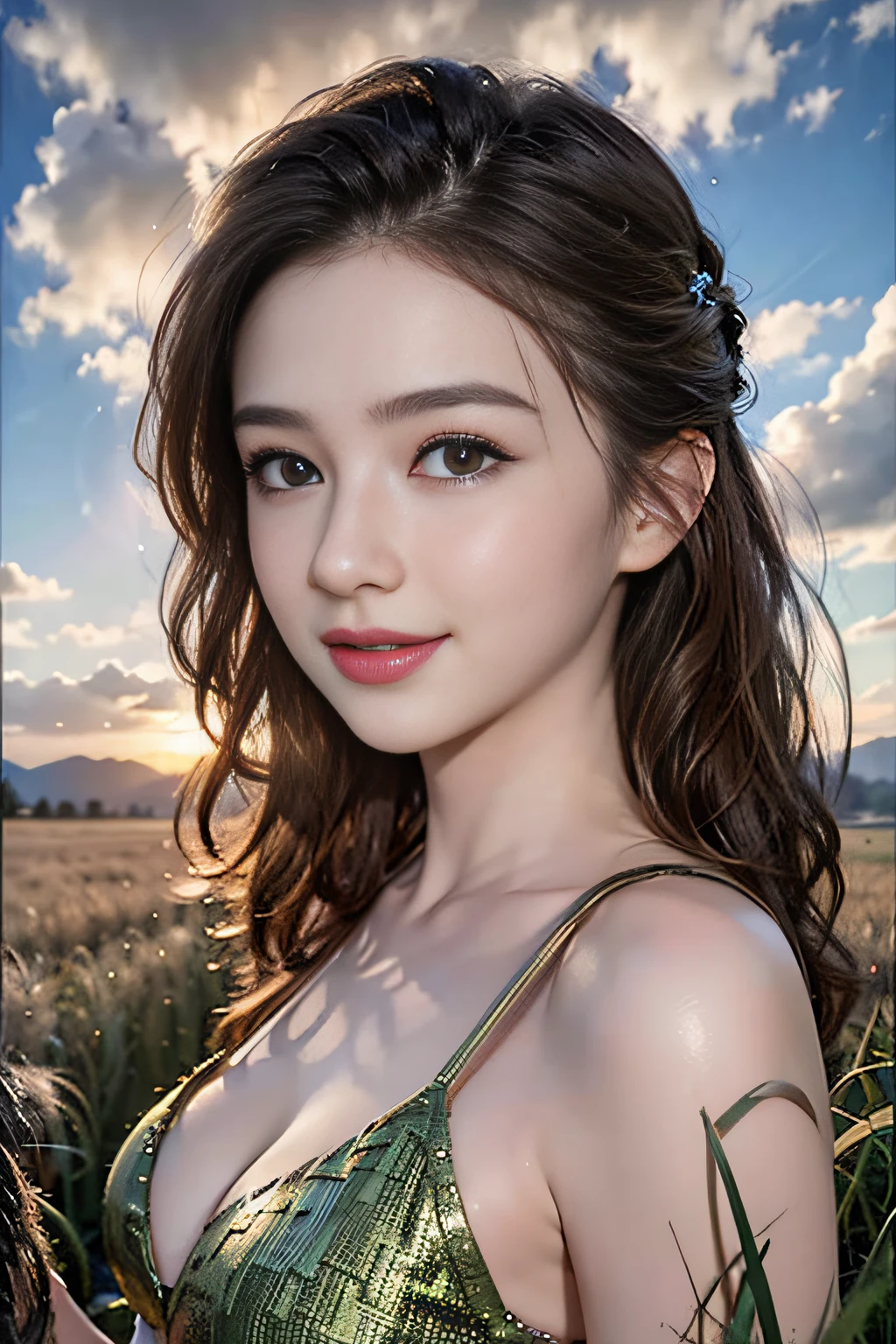 (Skindentation:1.5), Realistic, Realistic, (small tits)、(masutepiece:1.5), Concept art, intricate detailes, Highly detailed, Realistic, Octane Rendering, 8K, Unreal Engine, Dynamic Pose, Best Quality, High resolution, (Realistic face:1.1), (Hyper-Realism:1.1), Perfect eyes, (Shiny skin: 1.2), (((Hairstyle))), (((perfect hand)) ), (Very detailed background), ((dynamic background) ), (Wildfruit), ((1girl in)), steady, srestrained, ((Detailed eyes, high quality eyes, face with high quality)), (vintage dress), Brown curly hair,(grass field, Sun, Clouds, field, farming, Starlight, Walking trail)Sunlight、Since a while ago、
, ((Dramatic)), epicd, depth of fields, 4K, Gothic, A smile、sunlights、Sunlight、the setting sun
