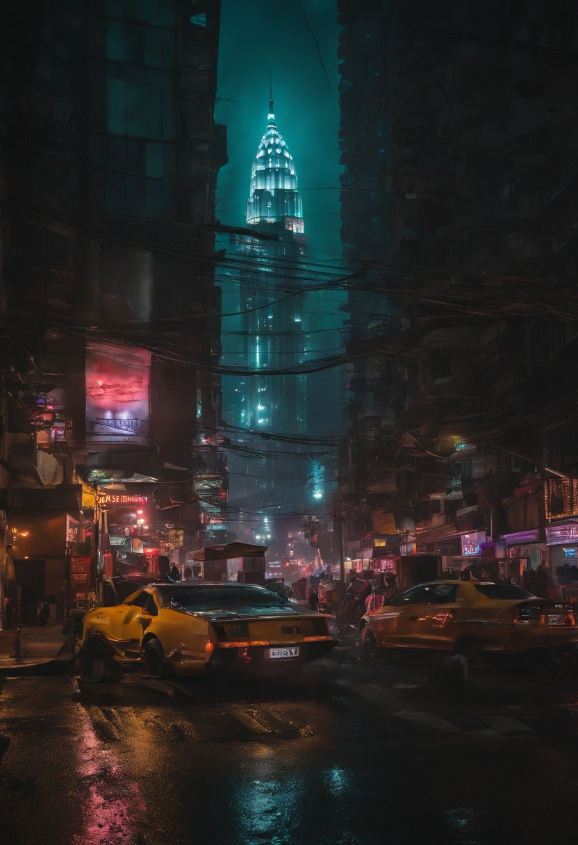 An urban landscape of a neon bapor at night, bathed in the glow of cyberpunk aesthetics and surrounded by towering skyscrapers. The streets of the city are filled with streams of colorful lights, refletindo no pavimento encharcado pela chuva e criando uma atmosfera surreal e hipnotizante. The buildings rise high in the sky, adorned with holographic billboards and flashing neon signs that illuminate the city in a vibrant display of technological wonder.

Dentro desta selva urbana, The streets are bustling with people, seus rostos parcialmente obscurecidos pelo brilho de seus implantes futuristas. The hustle and bustle of the city is apparent as crowds move along the busy sidewalks, seus passos ecoando contra as estruturas imponentes. The air is filled with the sound of distant sirens and the hum of machines, Adicionando ao ambiente cyberpunk imersivo.

Em meio ao caos, A lone figure emerges, vestido com roupas de alta tecnologia que combinam perfeitamente funcionalidade e estilo. Their eyes reflect the neon glow as they navigate the labyrinthine streets with precision and purpose. The cityscape serves as the backdrop for this enigmatic character, enfatizando seu lugar dentro desse mundo hiperfuturista.

As the rain continues to fall, Ele lava a sujeira e revela os detalhes intrincados da paisagem urbana. Every reflection, every wet surface, and every glow of light is captured in ultra-detailed realism. The image quality is unparalleled, With the prompt demanding the best quality in 8K resolution it shows the intricacies of this cyberpunk metropolis in stunning clarity.

The color palette of the work is dominated by vibrant neon tones, casting an otherworldly glow on the city and its inhabitants. The juxtaposition of these bold colors against the darkness of the night sky creates a captivating visual contrast, Adding to the surreal and immersive experience.

The lighting in the scene is expertly crafted, with a focus on accentuating the city's cyberpunk aesthetic