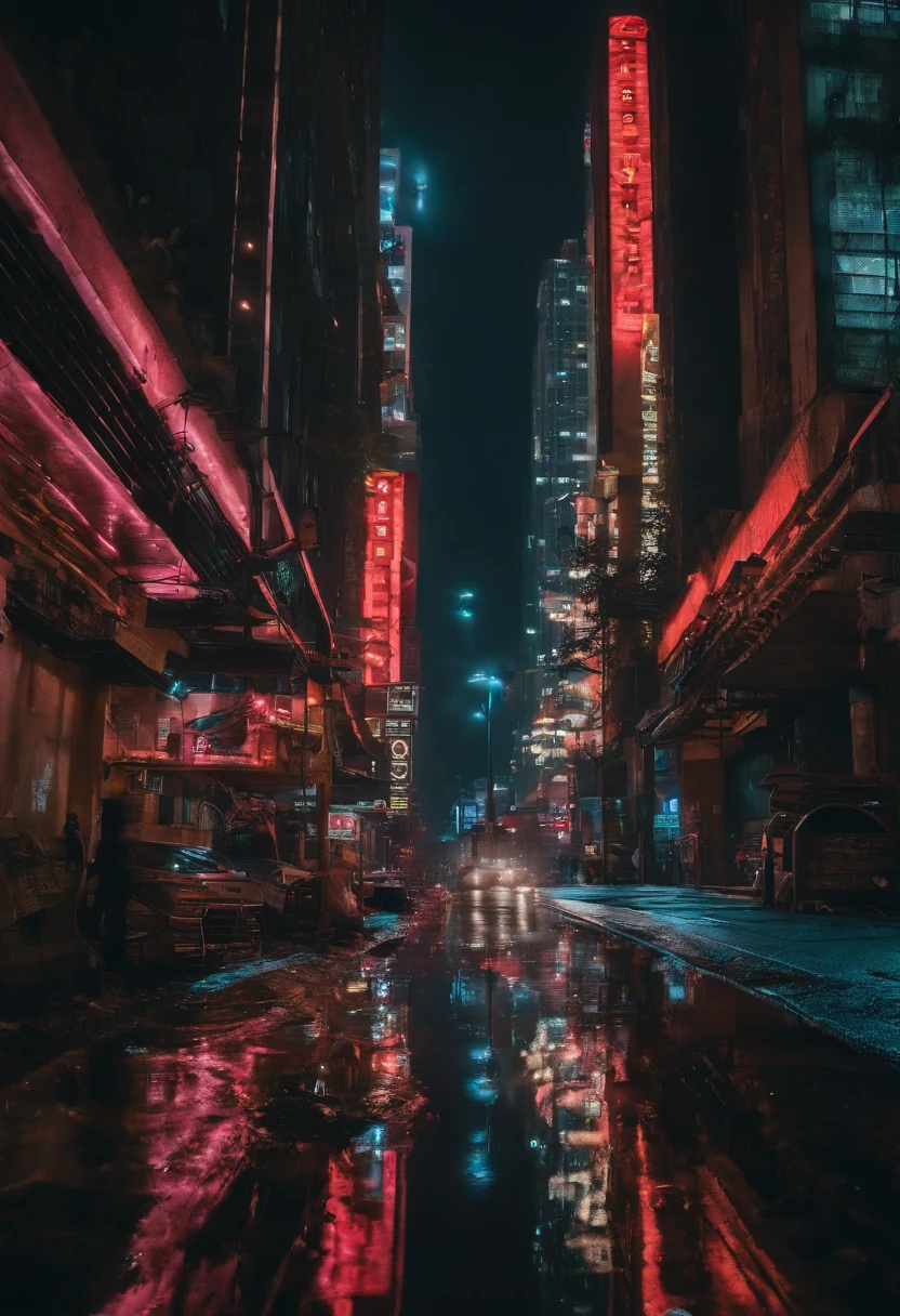 An urban landscape of a neon bapor at night, bathed in the glow of cyberpunk aesthetics and surrounded by towering skyscrapers. The streets of the city are filled with streams of colorful lights, refletindo no pavimento encharcado pela chuva e criando uma atmosfera surreal e hipnotizante. The buildings rise high in the sky, adorned with holographic billboards and flashing neon signs that illuminate the city in a vibrant display of technological wonder.

Dentro desta selva urbana, The streets are bustling with people, seus rostos parcialmente obscurecidos pelo brilho de seus implantes futuristas. The hustle and bustle of the city is apparent as crowds move along the busy sidewalks, seus passos ecoando contra as estruturas imponentes. The air is filled with the sound of distant sirens and the hum of machines, Adicionando ao ambiente cyberpunk imersivo.

Em meio ao caos, A lone figure emerges, vestido com roupas de alta tecnologia que combinam perfeitamente funcionalidade e estilo. Their eyes reflect the neon glow as they navigate the labyrinthine streets with precision and purpose. The cityscape serves as the backdrop for this enigmatic character, enfatizando seu lugar dentro desse mundo hiperfuturista.

As the rain continues to fall, Ele lava a sujeira e revela os detalhes intrincados da paisagem urbana. Every reflection, every wet surface, and every glow of light is captured in ultra-detailed realism. The image quality is unparalleled, With the prompt demanding the best quality in 8K resolution it shows the intricacies of this cyberpunk metropolis in stunning clarity.

The color palette of the work is dominated by vibrant neon tones, casting an otherworldly glow on the city and its inhabitants. The juxtaposition of these bold colors against the darkness of the night sky creates a captivating visual contrast, Adding to the surreal and immersive experience.

The lighting in the scene is expertly crafted, with a focus on accentuating the city's cyberpunk aesthetic