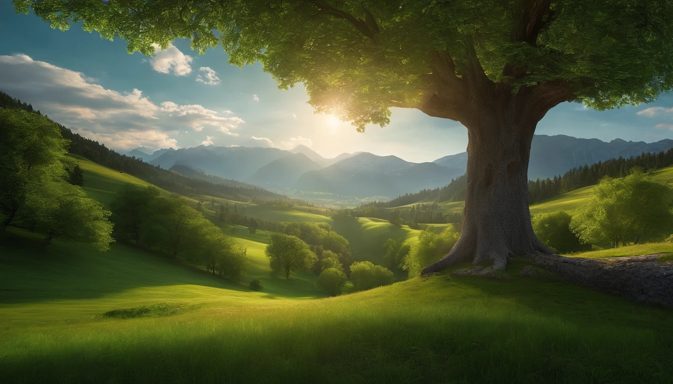 A green steppe,There is a big tree in the middle,Surrounded by rolling mountains surrounded by large trees,A ray of light shone on the tree(The Tyndall Effect 2.0),The picture is quiet and serene