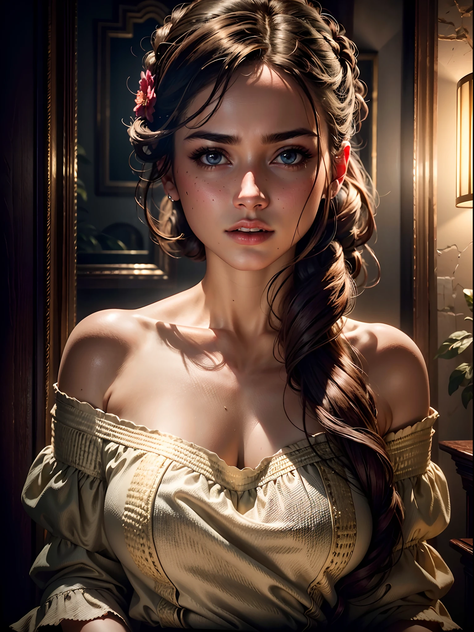 artwork, Superior quality, ((((Realistic, photorealistic: 1.37))), 8k, Very delicate and beautiful, merveilleux, Art officiel avec une attention aux détails, ridicule, incredibly ridicule, huge file size, super detailed, Very detailed, (beautiful detailed girl), Very detailed eyes and face, Beautiful detailed eyes, Light on the face, NSFW, (Une fille), Regardez le spectateur, ( silhouette féminine parfaite), taille fine, (Beauté occidentale), tout le corps, gros seins, debout, abdomen, robe d'summer knit, Feminine look, romance, erotique, between breast,