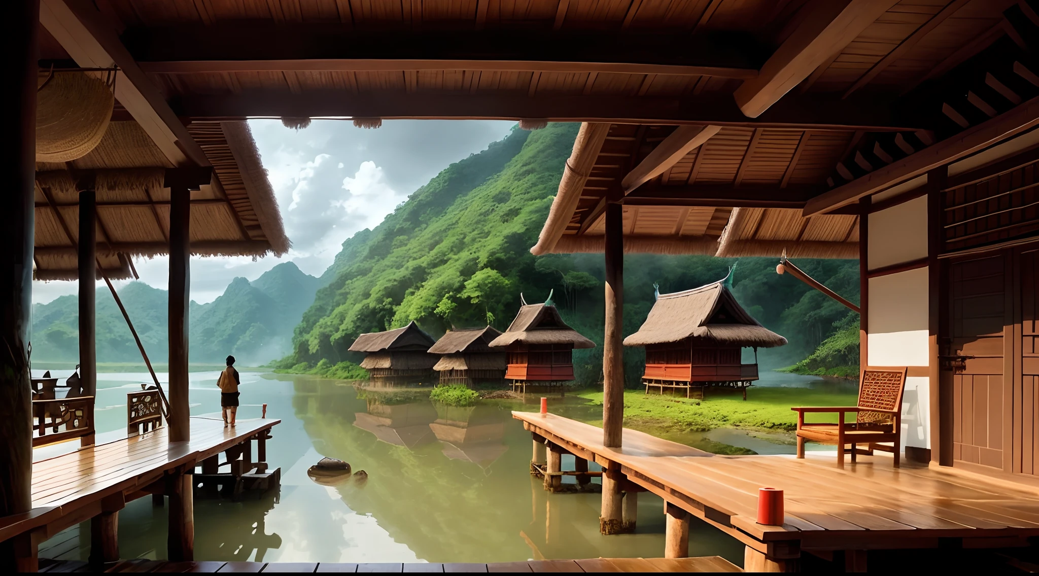 dedicate and detailed tribe built on river, detailed indigenous huts, focus on a big trade hut in the tribe in the middle of the image, Brunei, exterior, Southeast Asia, ancient, interior, native budiling style, outside the tribe is Southeast Asia river jungle, tribal element in architecture, humid and wet, indigenous furniture, pond next to the trade hut