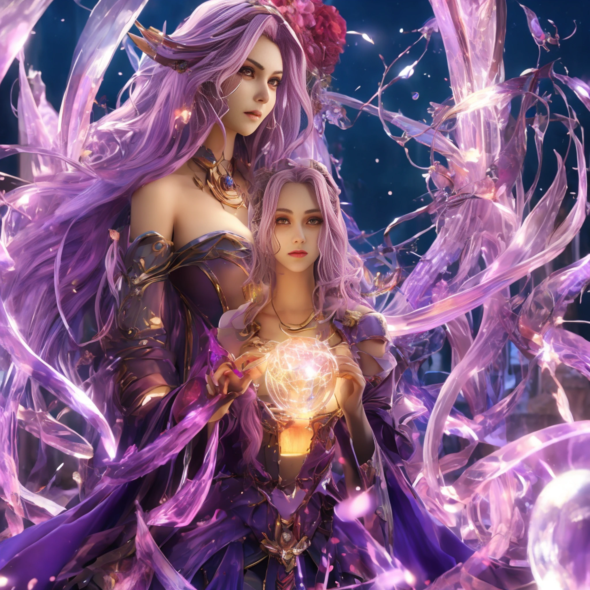 Vampire Queen Combat Dress (Radiant Royal Cloak: 1.2) Black and Purple Color outfit, (extremely delicate beautiful eyes and depression but arrogant eyes), (multicolor, ponytail, iridescent hair, colorful hair, half purple and half pink hair: 1.3), (magical, mythic,fantasy), (Super Model Body Shape, idol, seducing body, attractive, gorgeous, charming, majesty, Sexy Devil aura), Original Character, Tempting Purple Eyes, Purple Gemstone Accessories, Gold Belt, Gold Necklace, unique crown, bare shoulders, pink lips, purple gem on forehead, spike