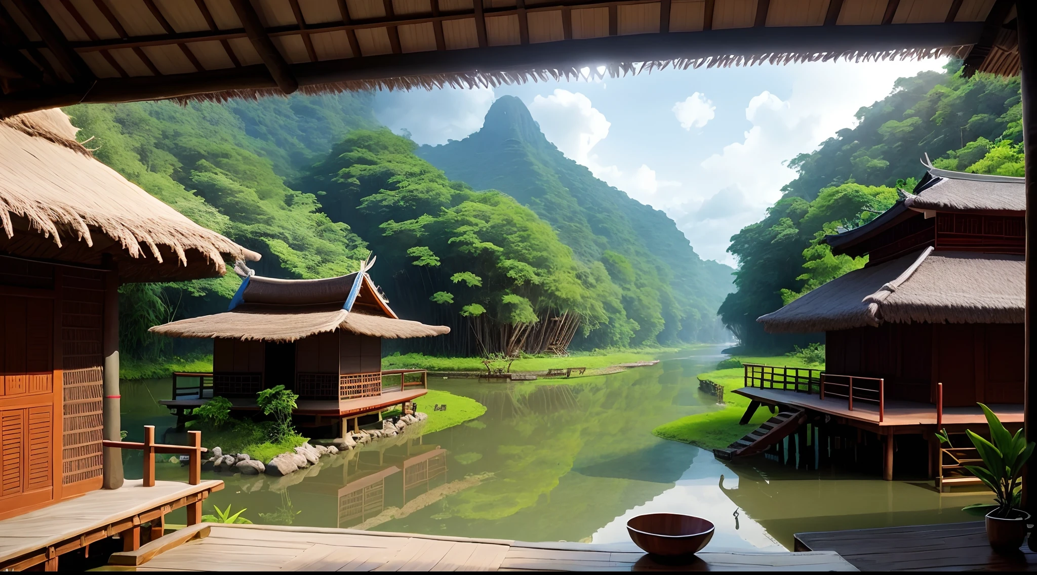 dedicate and detailed tribe built on river, detailed indigenous huts, focus on a big trade hut in the tribe in the middle of the image, Brunei, exterior, Southeast Asia, ancient, interior, native budiling style, outside the tribe is Southeast Asia river jungle, tribal element in architecture, humid and wet, indigenous furniture, pond next to the trade hut