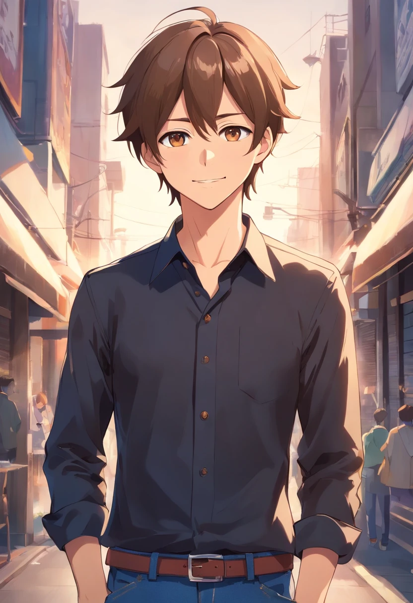 40 years old, adult, male, light smile, black dress shirt, blue jean pants, light brown hair, brown eyes, long sleeves,