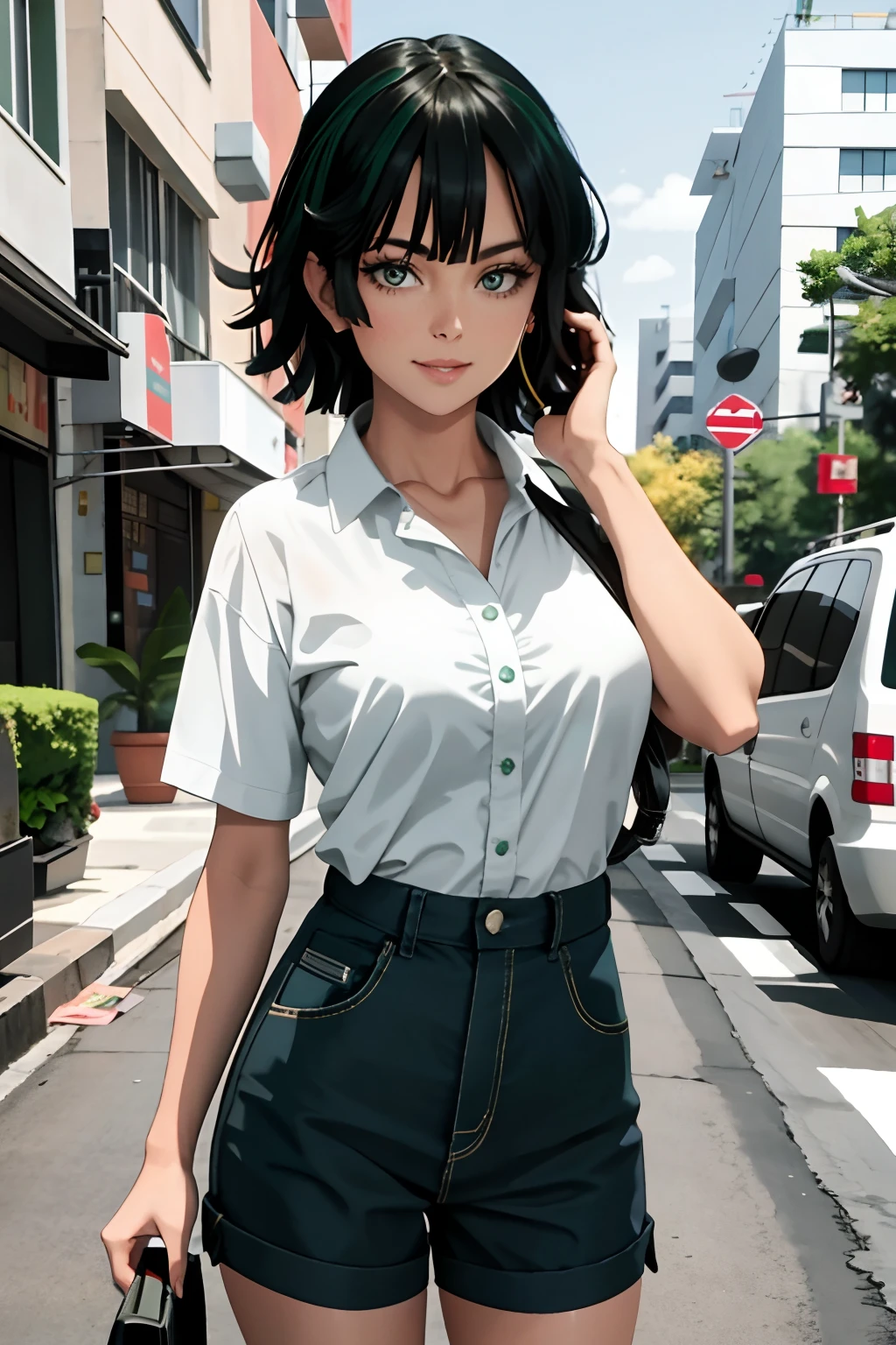 "una chica,Trabajo de nivel de obra maestra,Mejor calidad de imagen,in front of camera,escote,smil,Criado sexy,looks directly at camera,Pelo short,cuerpos perfectos,city ,green hair,ropa casual, ropa de calle。senos grandes