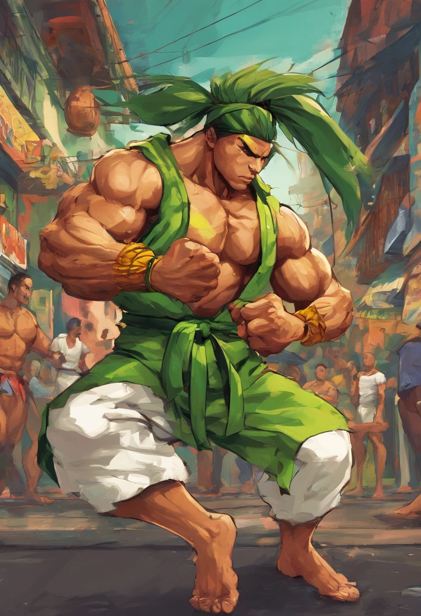 Lutador de capoeira,careca, brasileiro do rio de janeiro,com roupa verde e amarela, magrinho mas forte, Crisp 8K