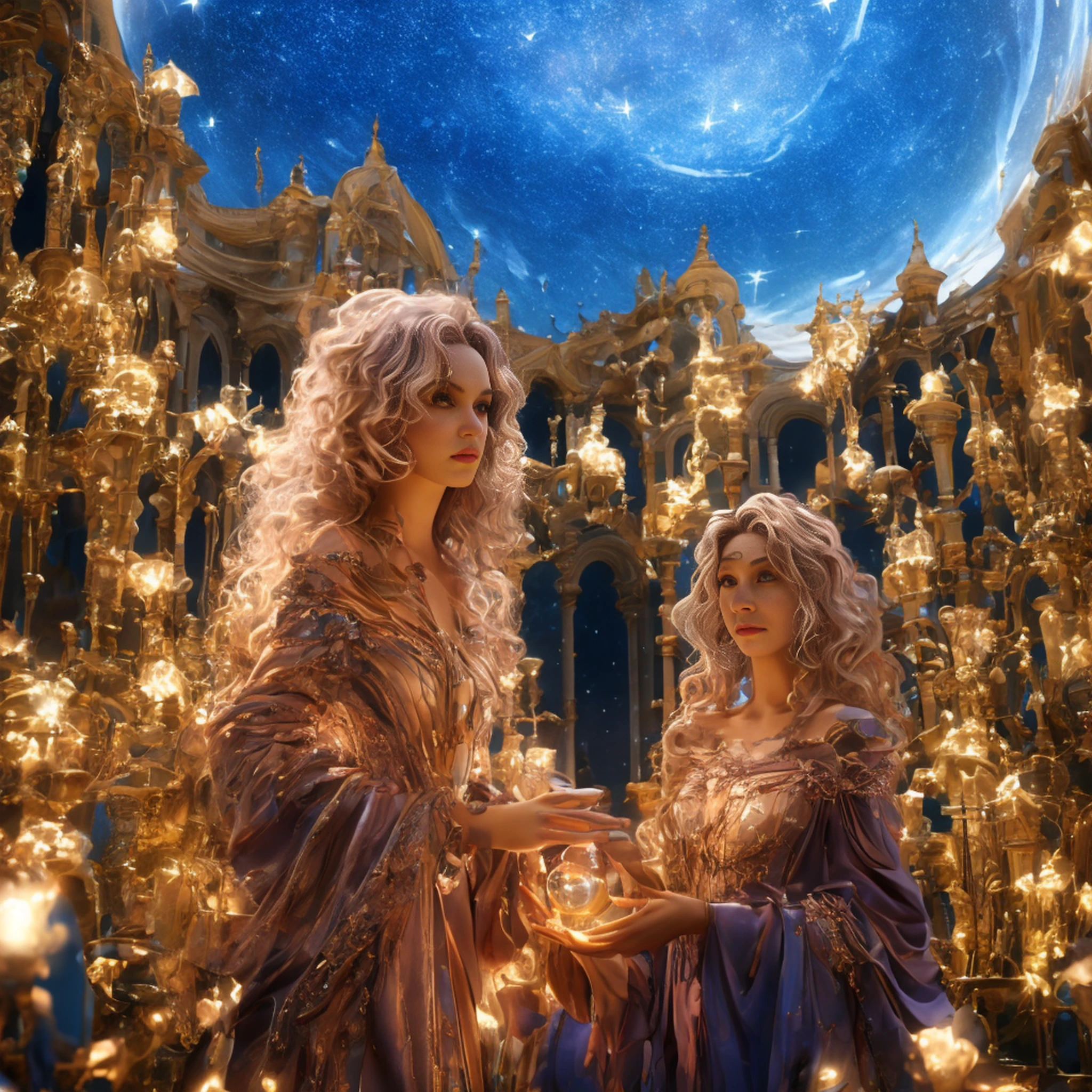 meio retrato, melhor qualidade, obra-prima, ultra alta res, (foto realista: 1.4), surrealismo, oniric, 1 girl of 35 years, cabelo absurdamente longo, starly sky, noite, estrelas, galaxy, flor,