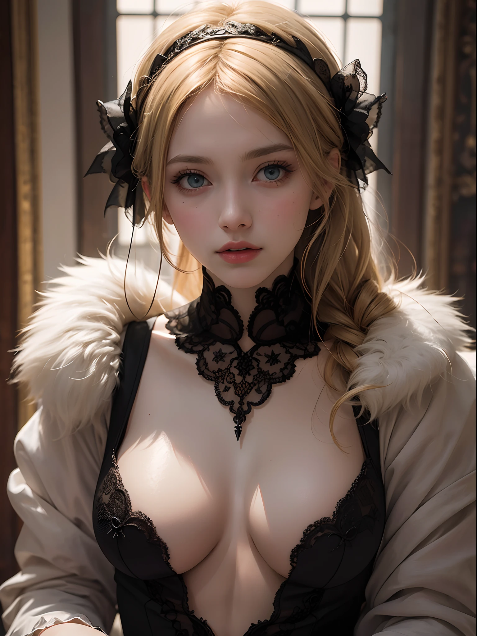 Unbeatable masterpiece, Ultra photo realsisim, Perfect artwork, Intricate details, Best quality, Strong light , High contrast, Dynamic pose, 1girll , Blonde hair , Teenage uncensored , Glowing eyes , Gothic , unbelievable Ridiculous , (rococo) .((impasto)) , (Shiny skin) , Cinematic lighting, Tyndall effect , Background light , A high resolution , Complex details , Delicate image quality , High quality , Fair_skin , art book