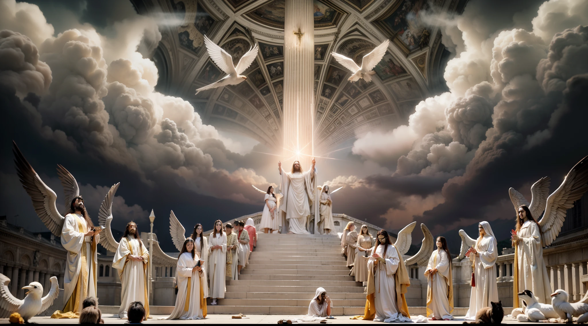 A stunning image depicting the Doomsday scenario, conforme descrito em Apocalipse 20:11. O trono branco onde Jesus se senta se destaca no centro da cena, surrounded by white clouds and lightning, simbolizando a majestade divina. Powerful angels are present, solemnly watching the opening of the books, representing the records of each individual's actions. an untold crowd of people, aguardando seu destino eterno. The mood is one of reverence and awe before the divine justice that will be established.