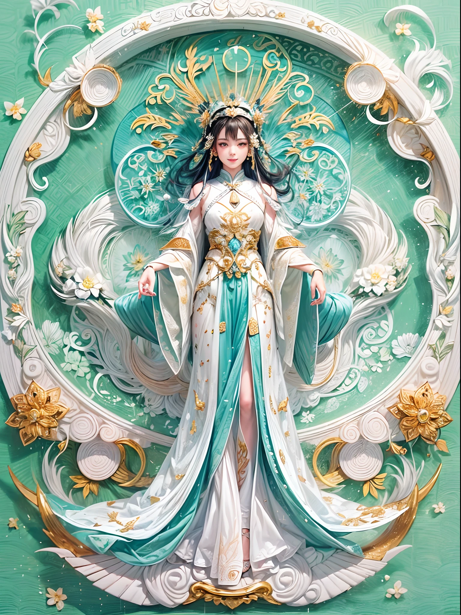 (Graphic illustration:1.4, paper art, Quilted paper art, geomerty),﻿rotationalsymmetry, (full body shot of:1.4), (Chang'e , Moon, Halo, Exquisite headdress, Smile), White background,  (Chinese colors, senior color matching), ( Bokeh, Out of focus, Soft lighting, Movie lighting, God Ray, hyper HD)