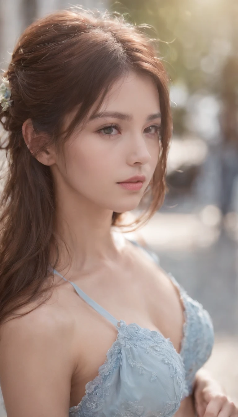 Girl,8K,,1girll,spread ,Exquisite appearance,Nippur,（Exposed nudity1.5）, breasts on display, main,(Giant breast milk:0.6),(arms back behind),At noon,photographed, Big eyes,二重まぶた,Exquisite facial features,Light blue and light pink hair,Messy hairstyle,Long hair,street photos,
