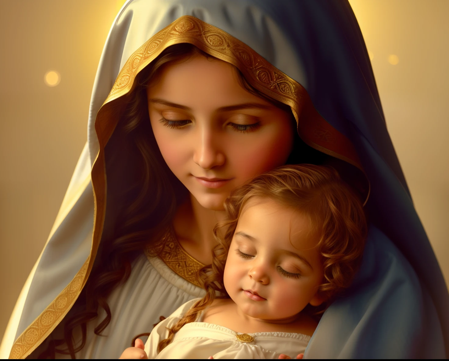 (((Blessed Virgin Mary of Mount Carmel))) Luminoso, en estilo similar al del artista WILLIAM ADOLPHE BOUGUEREAU, obra maestra, (La mejor calidad: 1.2), (super fine: 1.2), illustration, (extremadamente delicado y hermoso: 1.2), movie angle, flotante, (Hermoso ojo de detalle: 1.1), (detalle luz: 1.1), Movie Lights, Cielo delicado, ojos azules, (Cola de caballo alta: 1.1), capa, ojuelos, cielo estrellado, (light particles: 1.1) dibujo, flor. (obra maestra), (La mejor calidad), (fotorrealista:1.3), 8k, Textura detallada de la piel, Textura detallada de la tela, hermosa cara detallada, Detalles intrincados, ultra detallado (cuerpo de cuerpo entero:1.2)