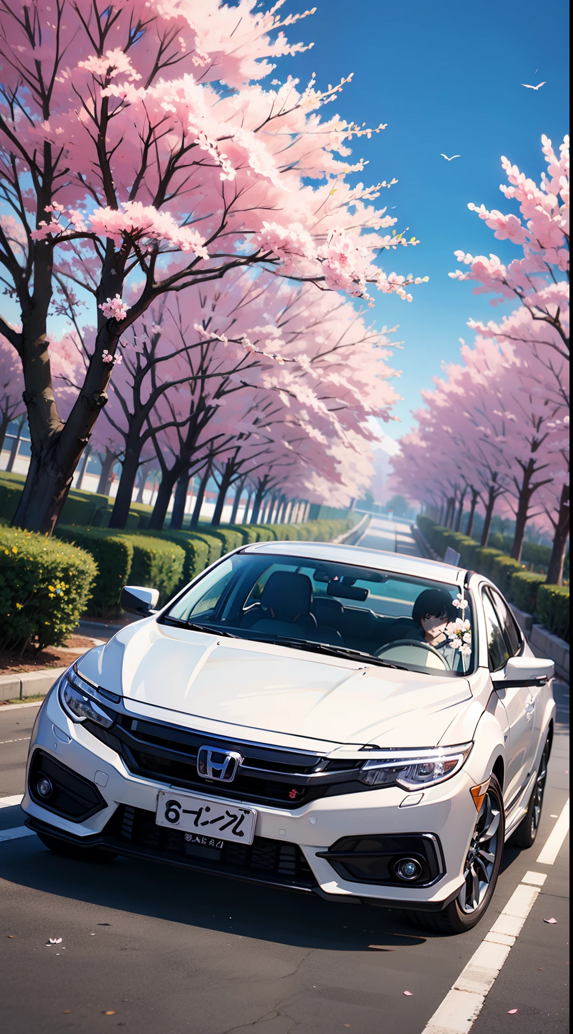 Red Honda Civic, pretty scenery, sakura, masterpiece, 8k