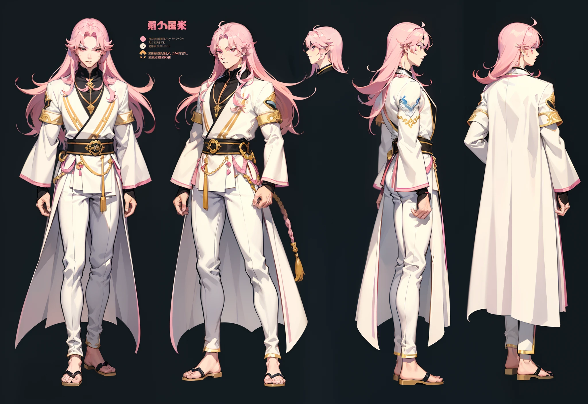1boy, single, asian boy, reference sheet, man tall. character design, front angle, side angle, rear angle, dynamic poses, (masterpiece:1.2), (best quality:1.3), fantasy outfit, muscle body, athletic body. (Pink eyes), (long hair), (long bangs), (pink hair), (pale skin), lean (reference sheet:1.5)