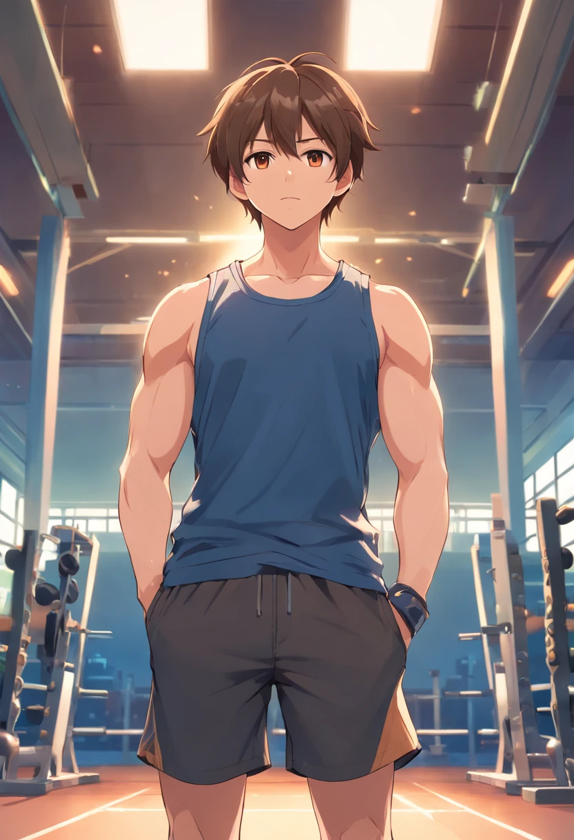 32 years old, adult, male, blue tank top, black gym shorts, light brown hair, short hair, brown eyes, no sleeves, muscular, big arms,