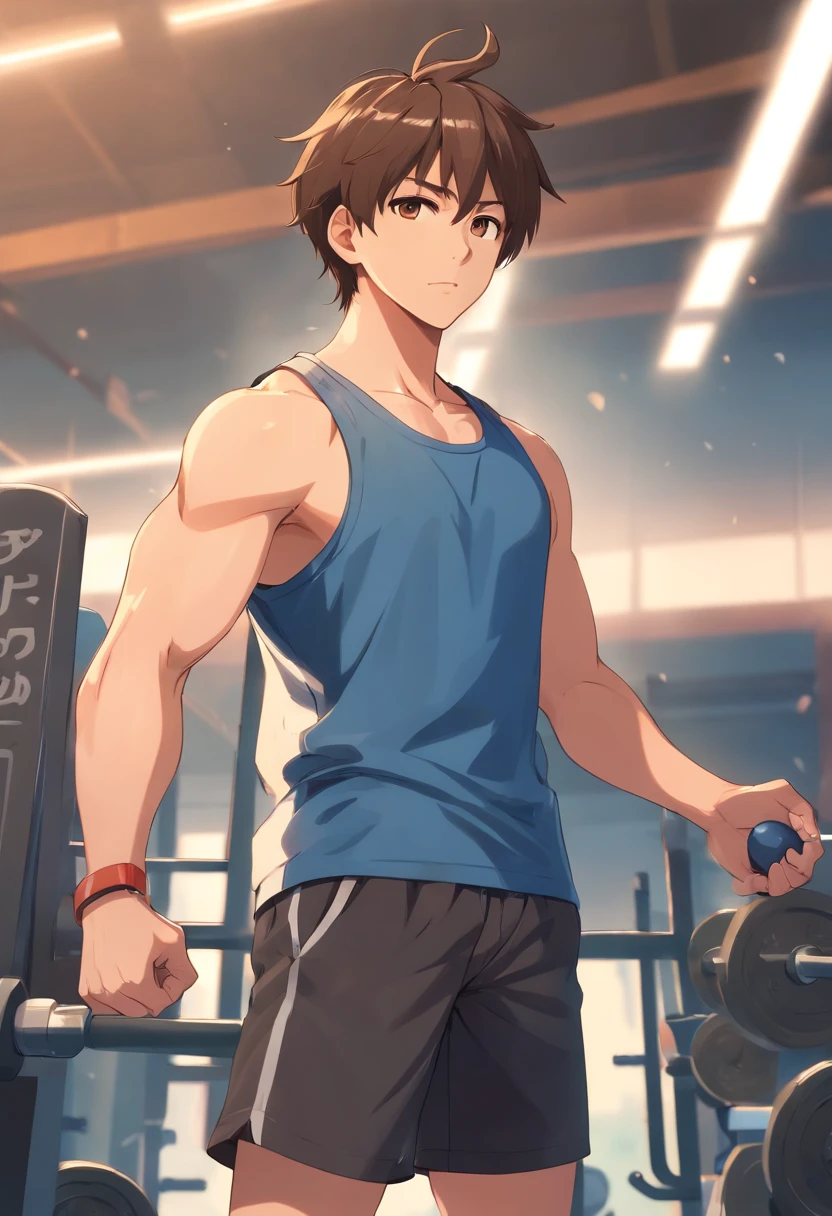 32 years old, adult, male, blue tank top, black gym shorts, light brown hair, short hair, brown eyes, no sleeves, muscular, big arms,