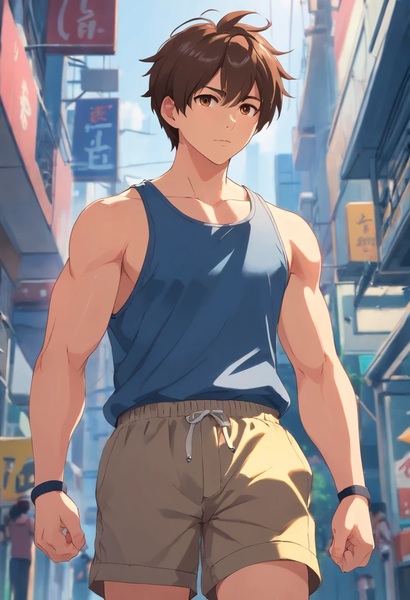 32 years old, adult, male, blue tank top, black gym shorts, light brown hair, short hair, brown eyes, no sleeves, muscular, big arms,