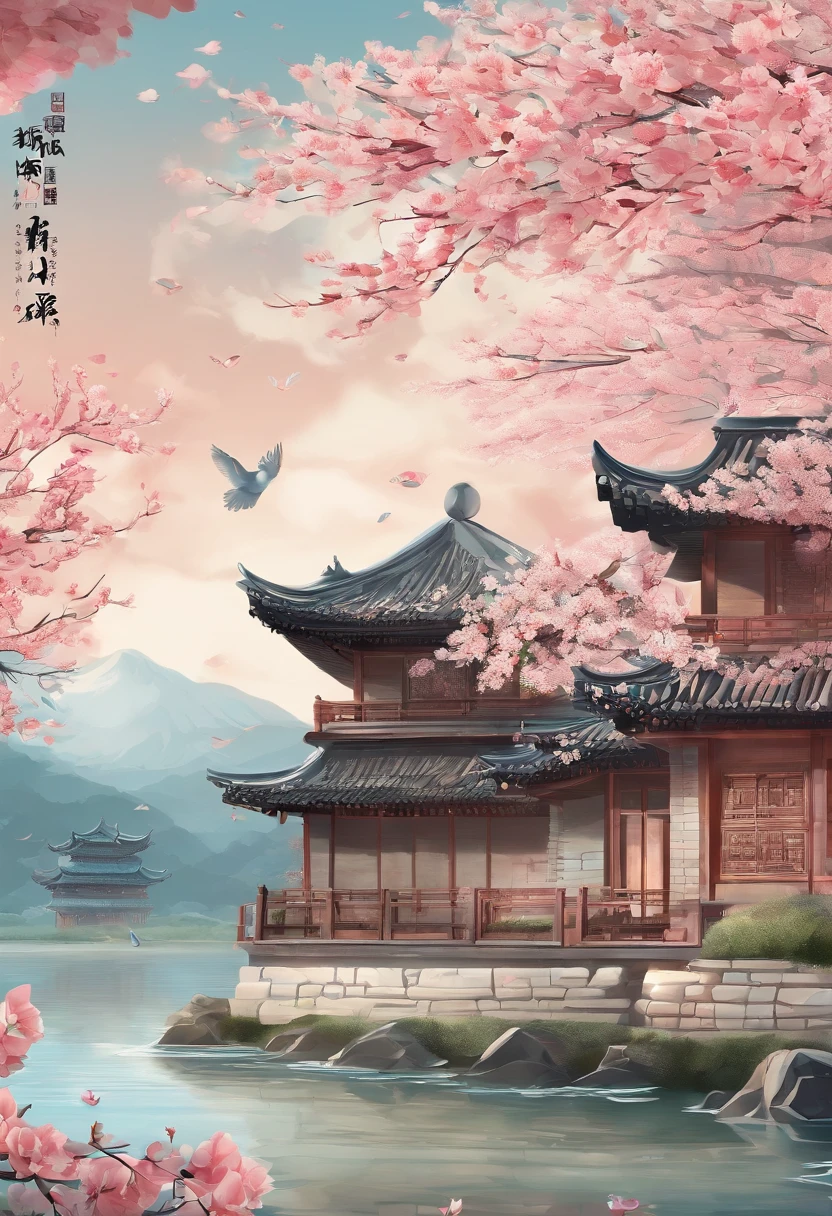 rainwater,Traditional Chinese solar terms,early spring,(((SakuraNS))),National style,Ink wind,solid color backdrop,There is a snail on the cherry blossoms after the rain,closeup cleavage,Landscape view,Don't be characterized,Don't be characterized