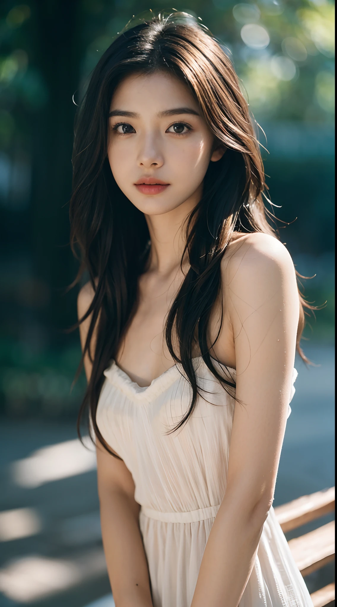 film portrait photography, 1girl, bare shoulders, wavy shoulder-length hair, serene, calm, (realistic detailed eyes, natural skin texture, realistic face details), soft dramatic lighting, depth of field, bokeh, vibrant details, finely detailed, hyperrealistic, 35mm film, hazy blur
