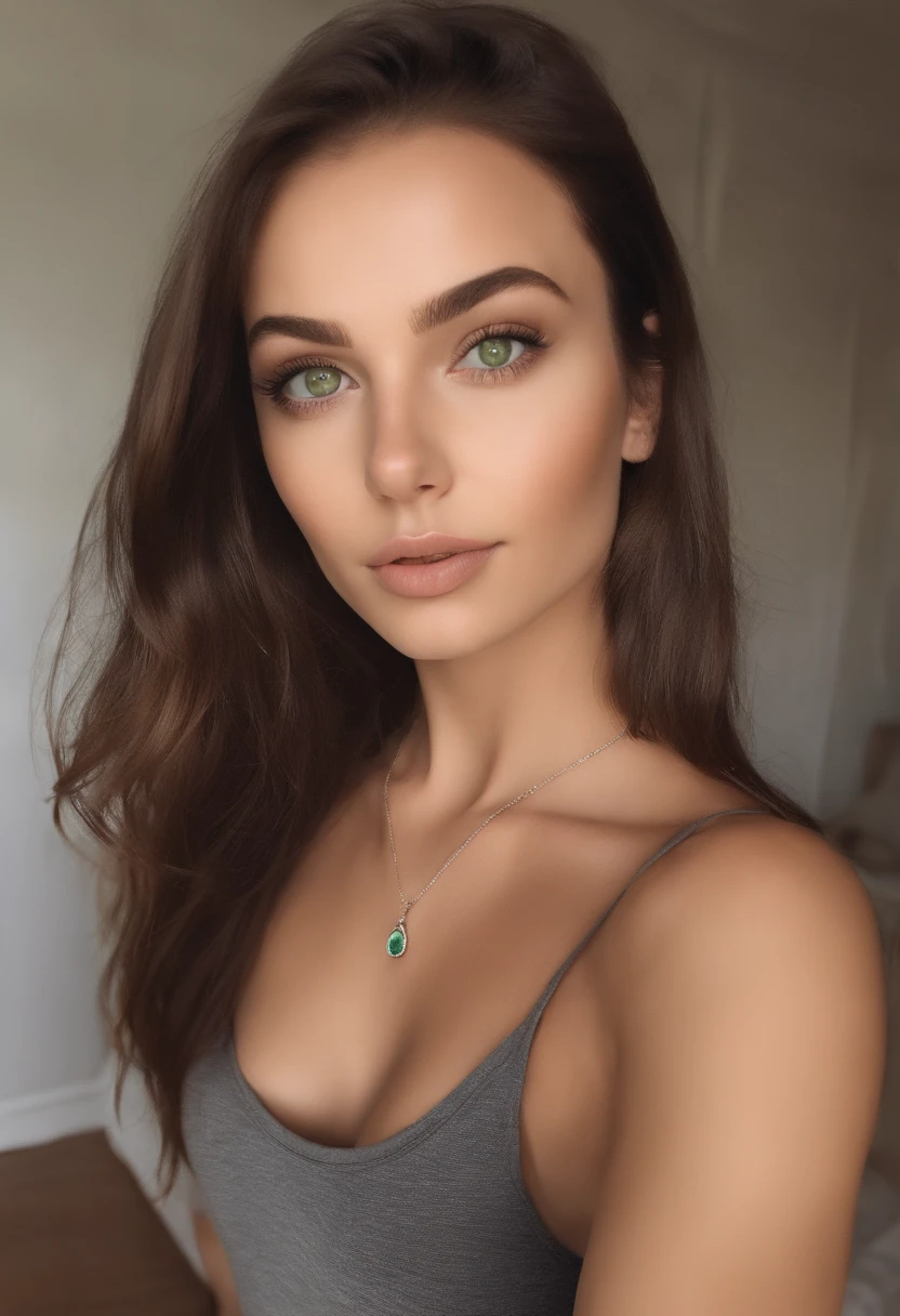 arafed woman with a white tank top and a necklace, sexy girl with green eyes, portrait sophie mudd, brown hair and large eyes, selfie of a young woman, bedroom eyes, violet myers, without makeup, natural makeup, looking directly at the camera, face with artgram, subtle makeup, stunning full body shot, piercing green eyes
