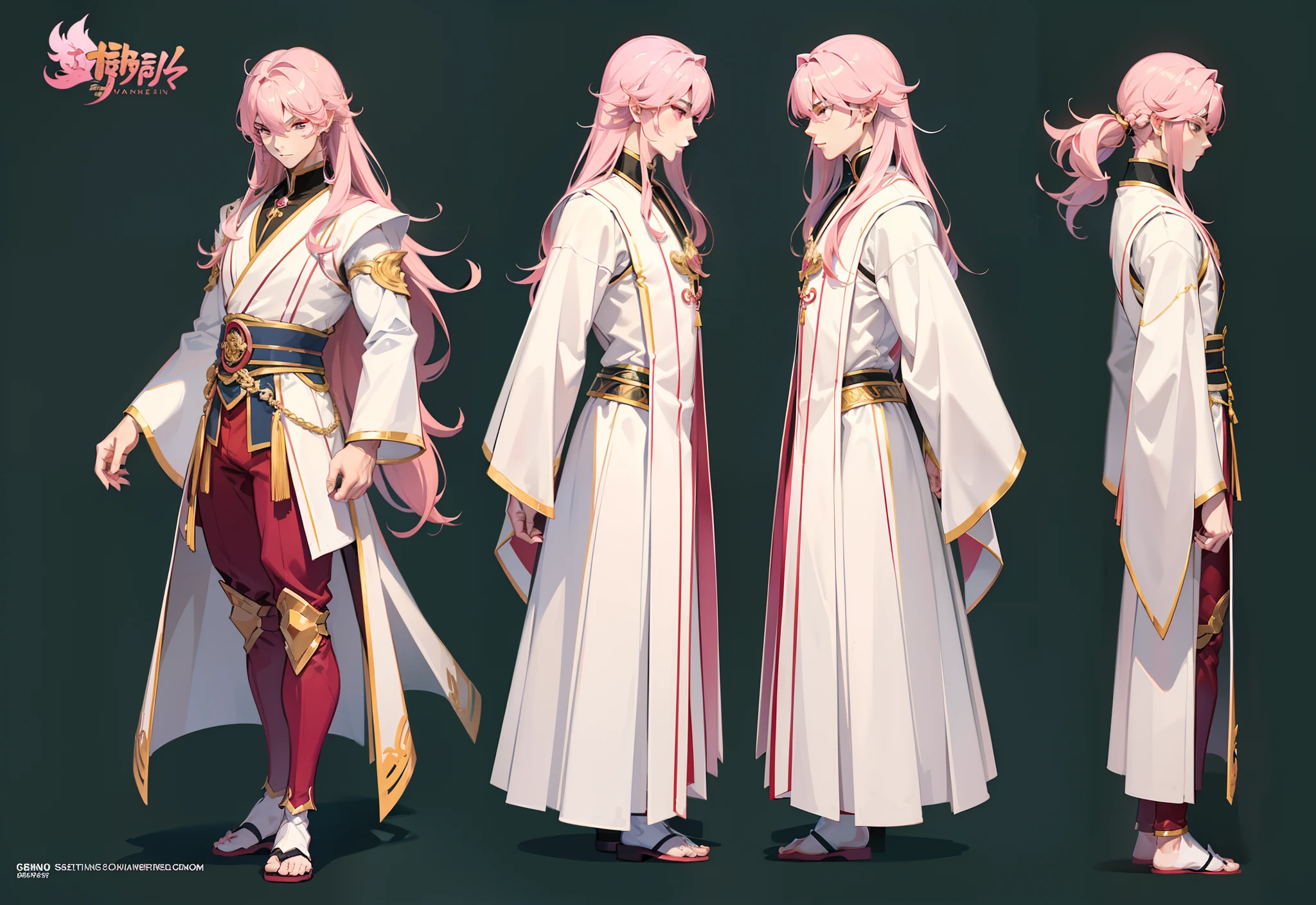 1boy, single, asian boy, reference sheet, man tall. character design, front angle, side angle, rear angle, dynamic poses, (masterpiece:1.2), (best quality:1.3), fantasy outfit, muscle body, athletic body. (Pink eyes), (long hair), (long bangs), (pink hair), (pale skin),  lean (reference sheet:1.5)