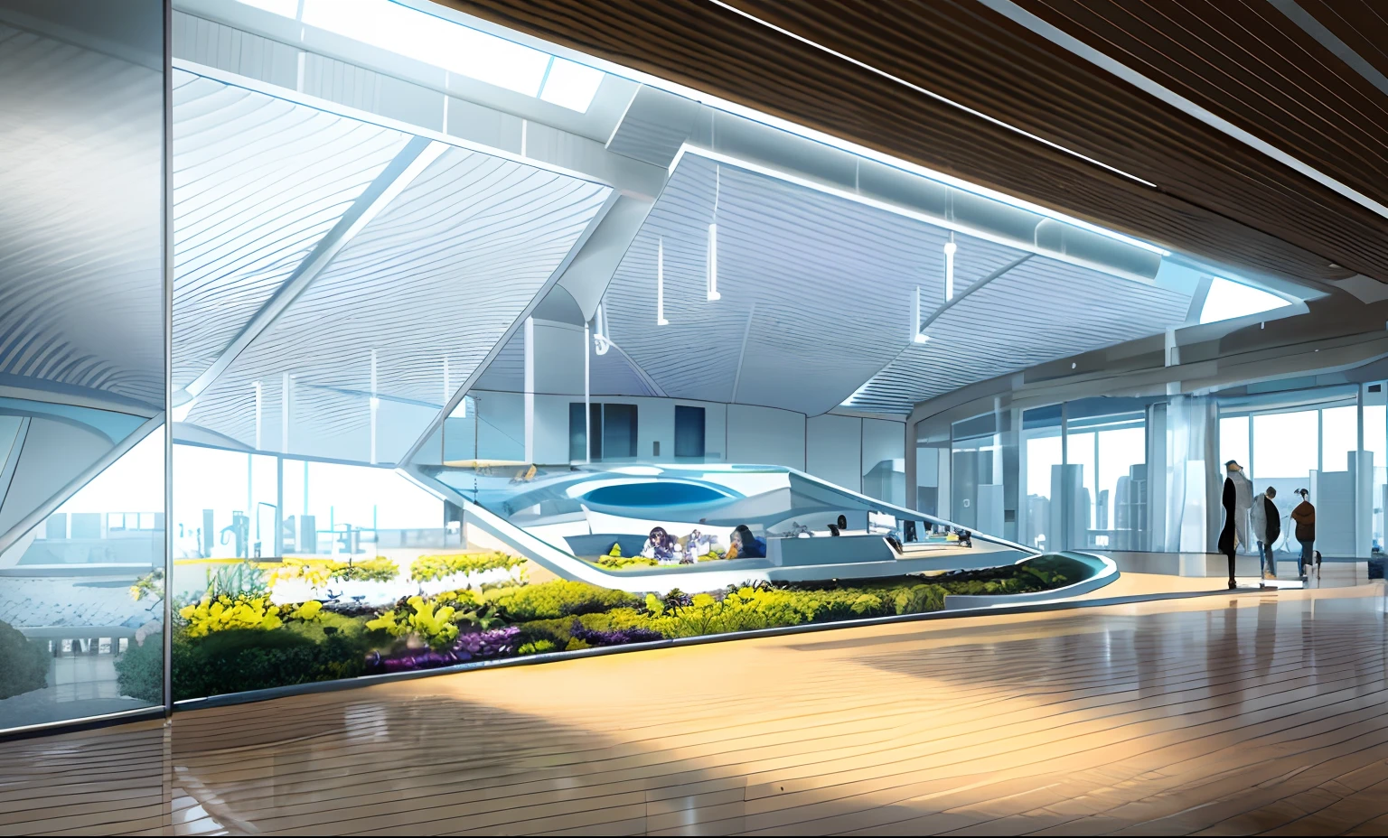 Indoor exhibition hall，Clean and bright，Elderly wellness theme，A high-tech sandbox，Cooperate with LED River various high-tech data，Present real-time information and data from nursing homes，Above is a mirror surface，Transparent walls bring in light from the outside，high - tech，Futuristic，The sand table is surrounded by high-tech fiber optics and exquisite structures，high qulity，detail-rich