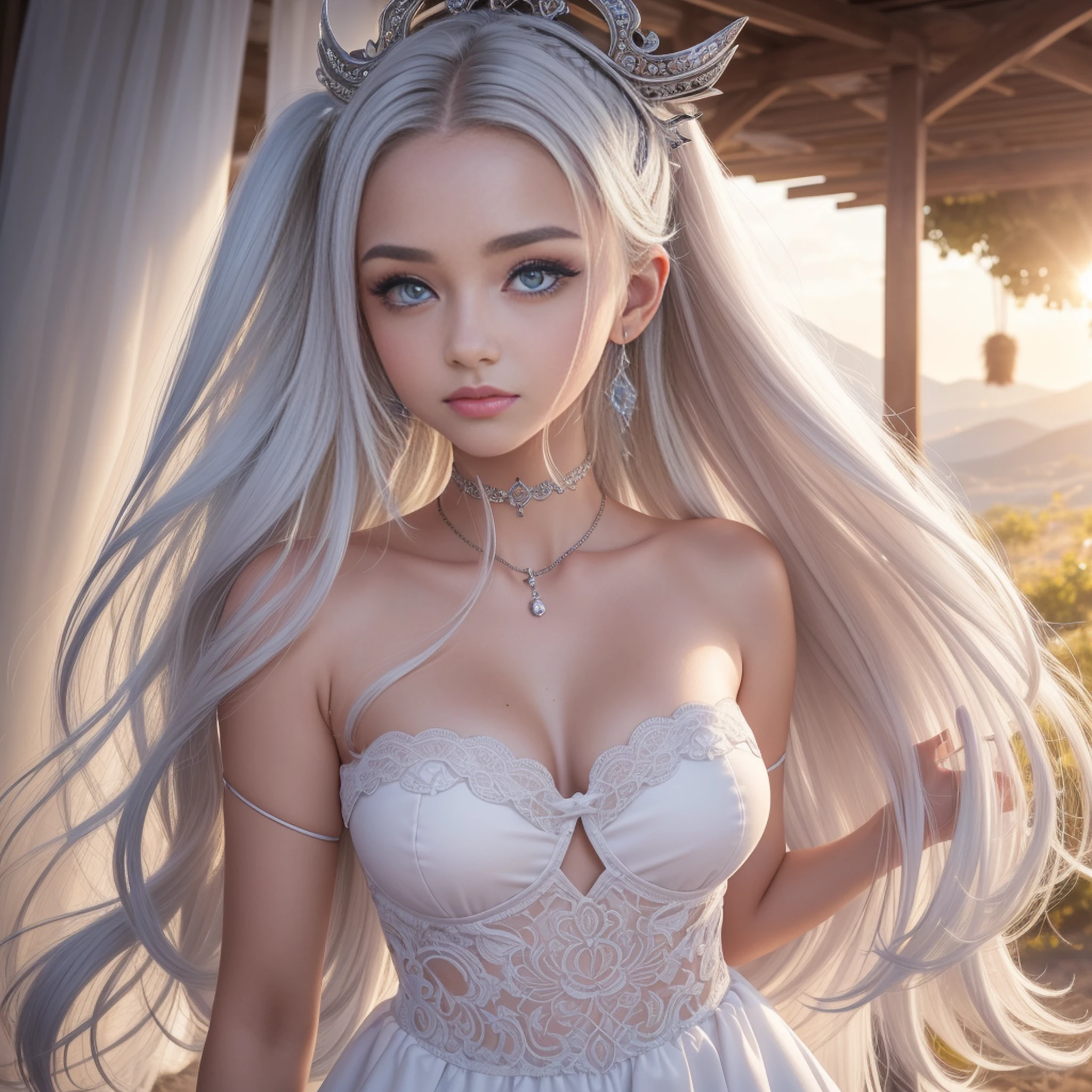 melhor qualidade, obra-prima, foto RAW, incrivelmente bonita (kiana_hofi,long_hair, seios, looking_at_viewer, franja, blue_eyes, hair_ornament, vestido, decote, luvas, coroa, hair_ornament, black_gloves, medium_breast, hair_between_eyes, bare_shoulders, joias, rabo de cavalo, ahoge, white_hair, brincos, white_dress, coxas brancas: 1.2) , soft doe paste in meadow, usando sarong, (cabelo sobre o olho direito: 1.2 ) , ( a bunda perfeita ), (rosto detalhado), olhos vibrantes , (ver from_front ), ((pele altamente detalhada, detalhes realistas da pele)), (visible pores : 0,3 ) , ( hiqcgbody : 0,6) , anamorphic panoramic , sun sunset , in a massive intergalactic market : 0,75 , (vista de cima ) , ( fundo muito detalhado, rosto detalhado, fundo ocupado complexo detalhado : 0,8 ) , Messy, ornamentado, powdered colors , 8k, lomografia , espalhamento subsuperficial , (HDR: 1.2) , Photographed with Sony a7 IV Mirrorless Camera, 50mm f/1.2 Canon 50