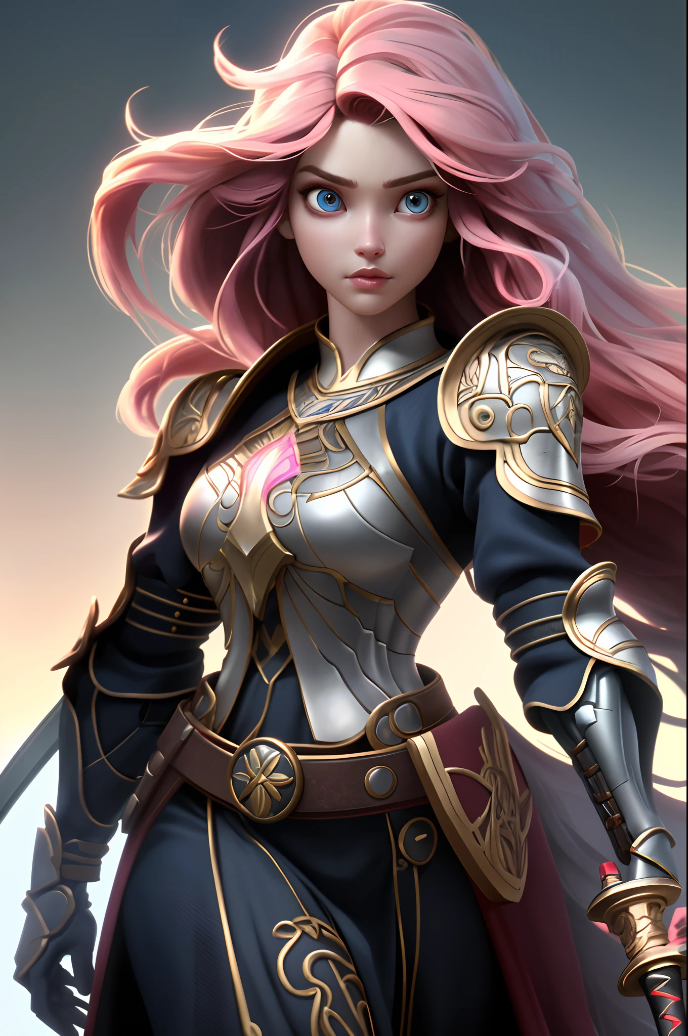 Best quality female, very long curly pink volumetric hair,  gorgeous face, beautiful eyes, slim body, perfect anatomy, cinematic perfect light, intricate details, holding sword