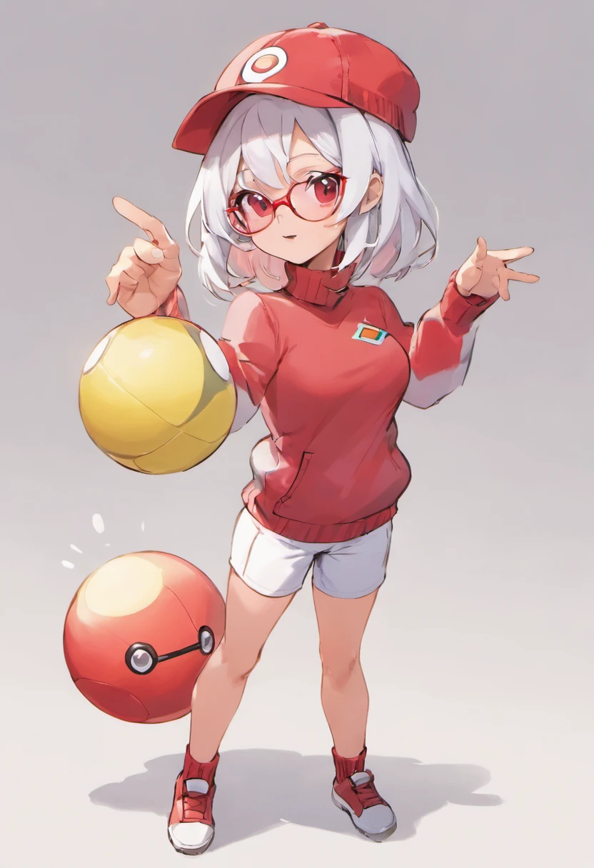 bad face,Baseball Cap,Red Baseball Cap.White shorts with right hand sticking forward,Turtleneck knitwear,Red glasses,Hi-Res, 1womanl,Pose with your right arm stretched forward, 独奏,Holding a Poké Ball in Your Hands, grey eyes, white hair, Red glasses,Red Baseball Cap, Red knitted turtleneck with long sleeves, White shorts, a belt, stadio, deph of field, Bad face, Stick out the arm holding the poké ball, put hands on the hip,