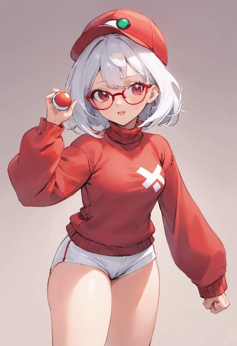 bad face,Baseball Cap,Red Baseball Cap.White shorts with right hand sticking forward,Turtleneck knitwear,Red glasses,Hi-Res, 1womanl,Pose with your right arm stretched forward, 独奏,Holding a Poké Ball in Your Hands, grey  eyes, white  hair, Red glasses,Red Baseball Cap, Red knitted turtleneck with long sleeves, White shorts, a belt, stadio, deph of field, Bad face, Stick out the arm holding the poké ball, put hands on the hip,