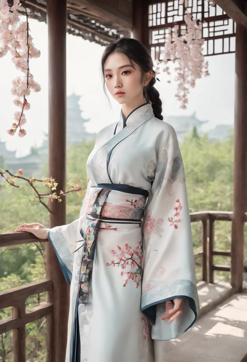 Spring,Spring flowers,chinese traditional architecture,,A woman wears Hanfu,Landscape of people,(There is in the upper left corner(Spring)The Chinese characters,Microsoft Yahei)