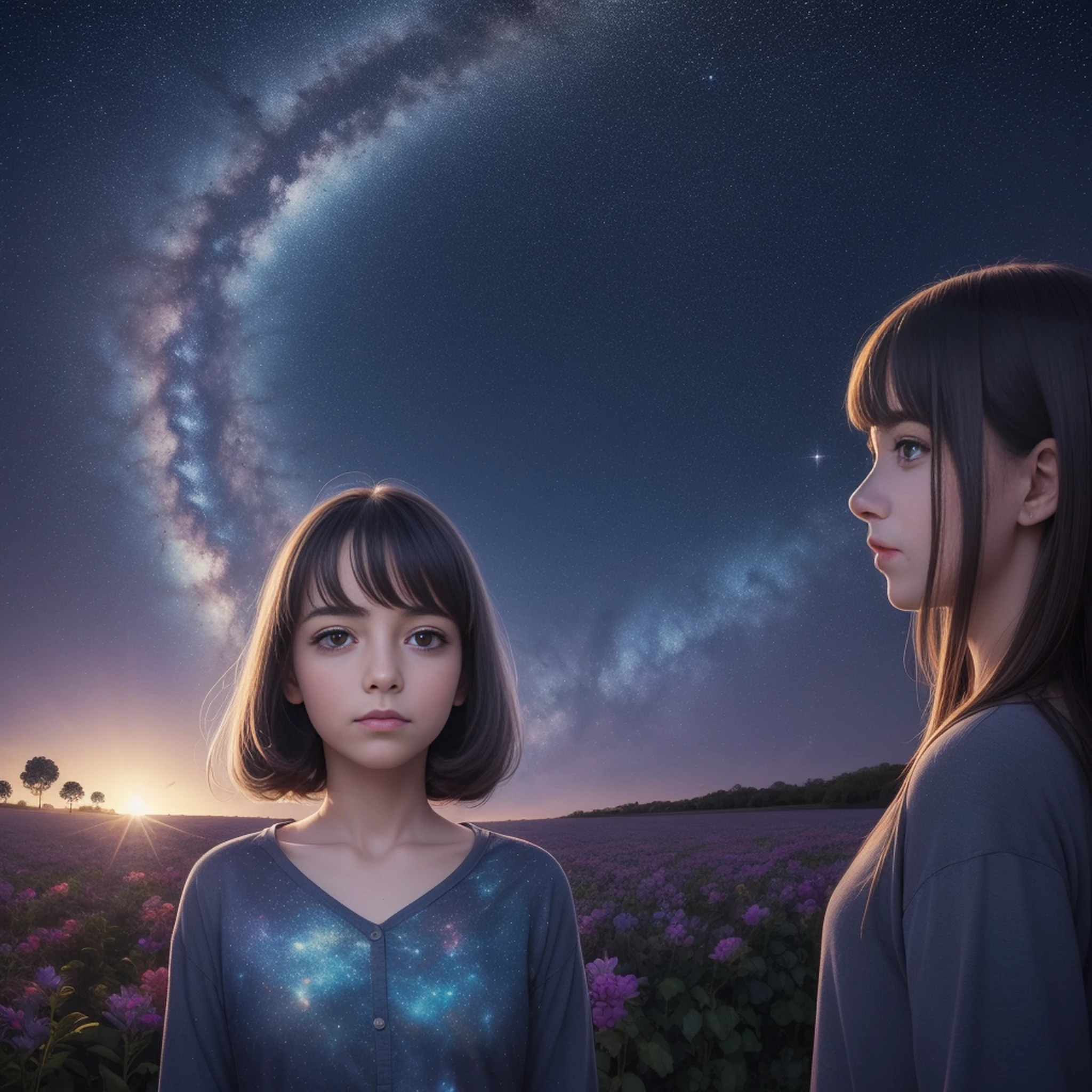 meio retrato, melhor qualidade, obra-prima, ultra alta res, (foto realista: 1.4), surrealismo, oniric, 1 girl of 35 years, cabelo absurdamente longo, starly sky, noite, estrelas, galaxy, flor,