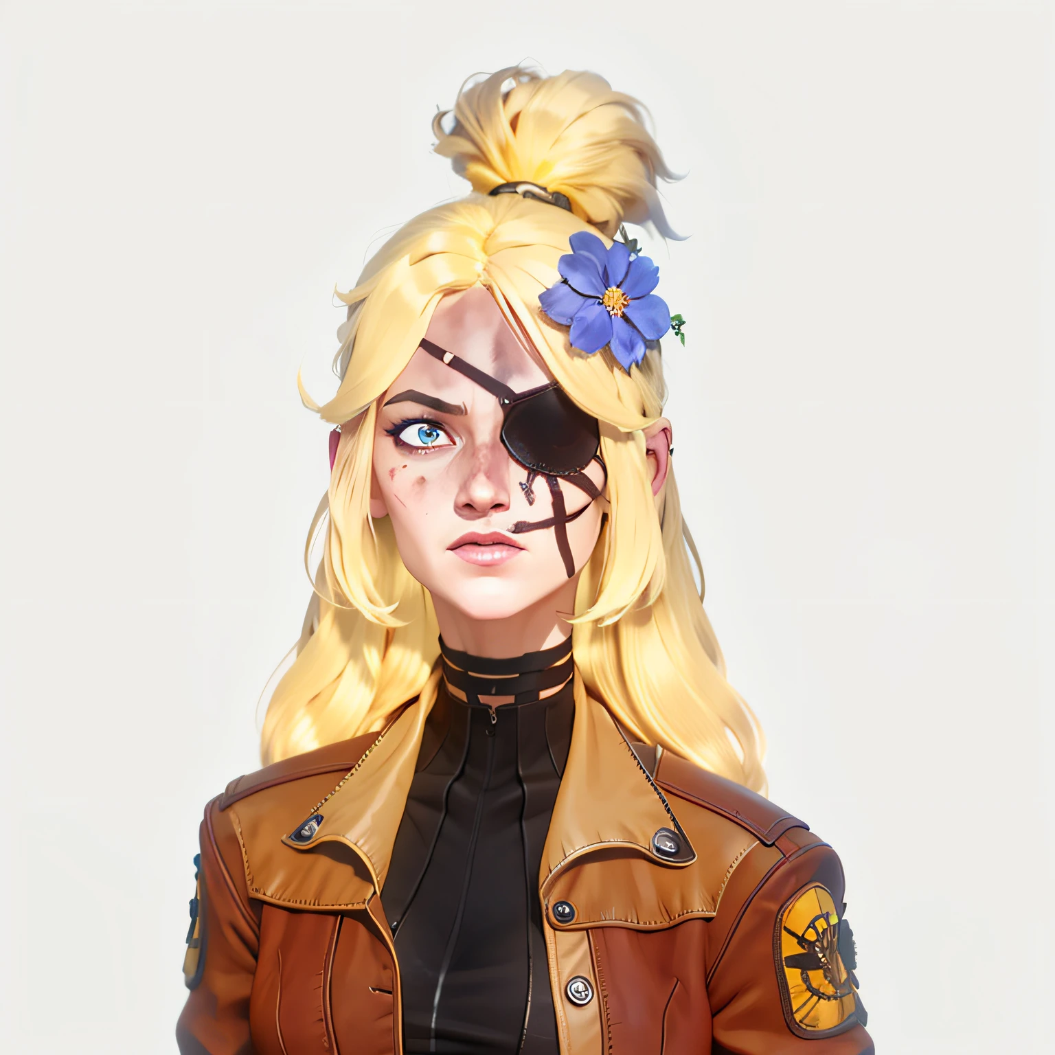Woman, Adult (26 years), Vertical cut scar in her right eye: 1.6 , eyepatch in her right eye: 1.4, black bodycon marking her boobs, European, Extremaly detailed, Yellow Blonde, Pretty,Round chin, Delicate nose, brown aviator jacket, Black Shirt, Forget-me-nots in her hair, Blue eyes, long hair, make up, Realistic, 4k, High-quality, High resolution