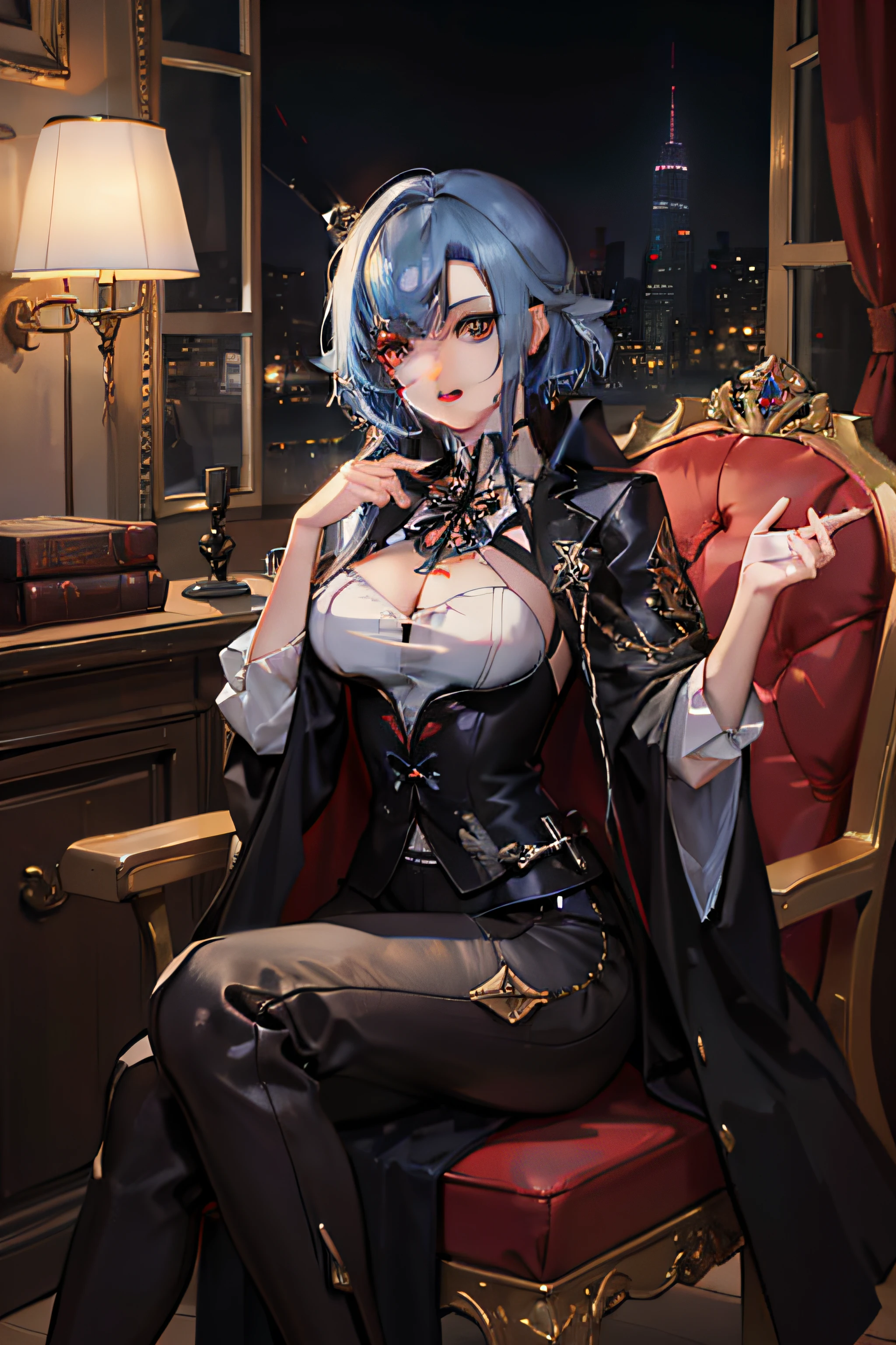 (Obra maestra, La mejor calidad), 1girl, Mujer madura, mujer alta, cana, pelo corto, Guantes negros, Traje formal, pants, Sit in the chair, piernas cruzadas, 2 patas, ojos rojos, mirada seria, Mirando los papeles, Papel en mano, Sala de gabinetes, Bookshell, lamplight, steampunk, Abrigo en el respaldo de la silla, buena calidad, harlequin \(Impacto de Genshin\), Pupilas en forma de X, cabello multicolor, black lock of hair, Codo sobre la mesa, high resolusion, ultrasharp, 8k, Ciudad, nieve fuera de la ventana,