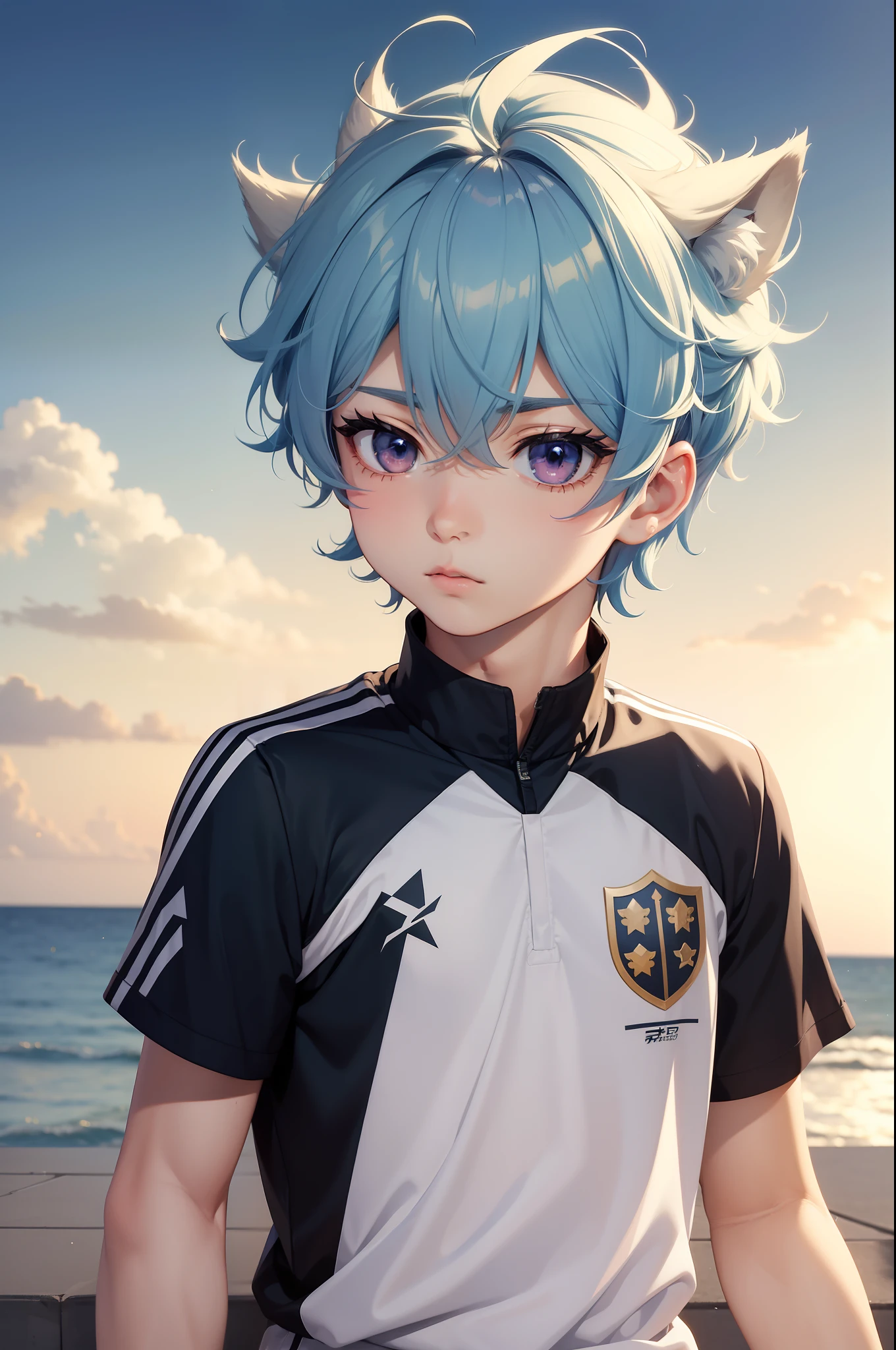 beach,animal ears,multicolored hair,1 boy,more details in eyes,very short hair,hair between eyes,cute,looking at viewer,(long pants:1.5), (shirt:1.5), adorabel boy,cute face,details sky,handsome,young,juvenile,((masterpiece:1.4,best quality)),multiple details,colorful hair,white skin,colorful eyes,multicolored eyes,eyeshadow, crew cut, choker, sfw, naval not visible
