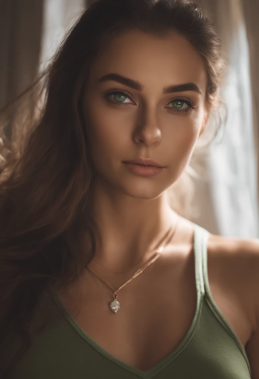 arafed woman with a white tank top and a necklace, sexy girl with green eyes, portrait sophie mudd, brown hair and large eyes, selfie of a young woman, bedroom eyes, violet myers, without makeup, natural makeup, looking directly at the camera, face with artgram, subtle makeup, stunning full body shot, piercing green eyes