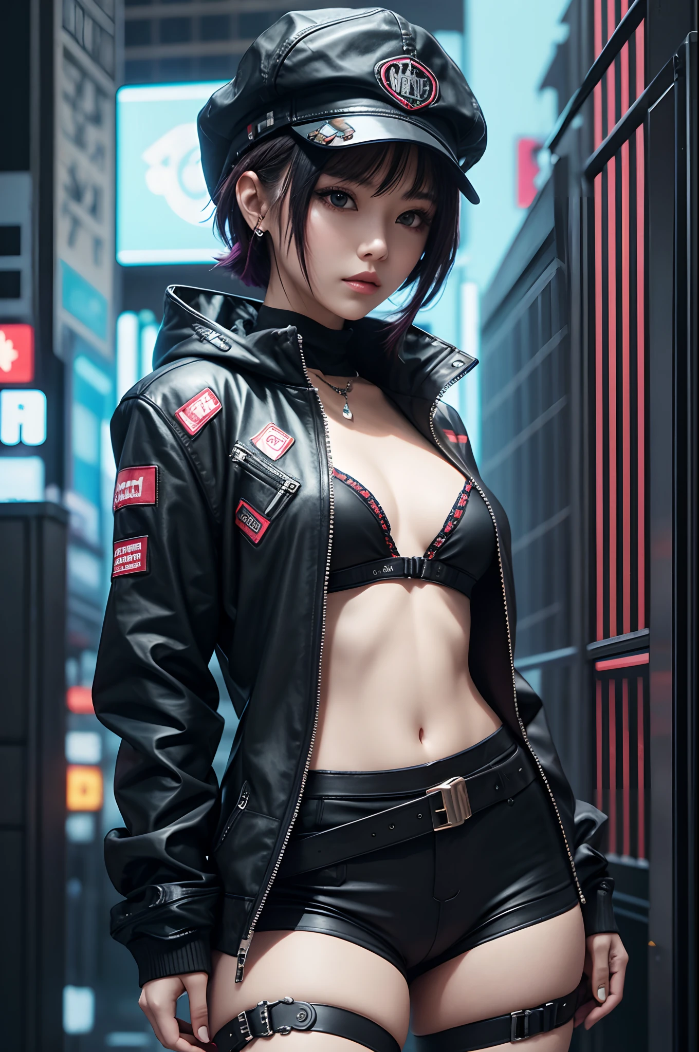 Beautiful woman medium hair, wearing cap, cyberpunk style short clothes --auto --s2