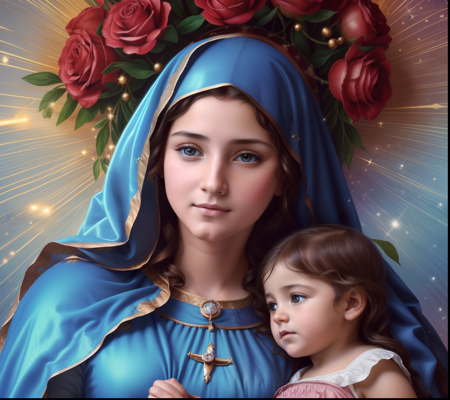 (((Saint Virgin Mary. 19 years olinetic style))) ((( Con una cara seria y piadosa. Con una mirada dulce y tierna))) (obra maestra, calidad superior, mejor calidad, arte oficial, beautiful and aesthetic: 1.2), (1girl), extremadamente detallado, (Arte fractal: 1.3), colorido, highest detailed, Cara perfecta, parte superior del cuerpo, HDR, (orando: 1.3), (golden lines of white coat: 1.2), galaxia, (rayas de luz), eye-catching visuals, (dynamic stripes, senderos luminosos: 1.2), colores vibrantes,