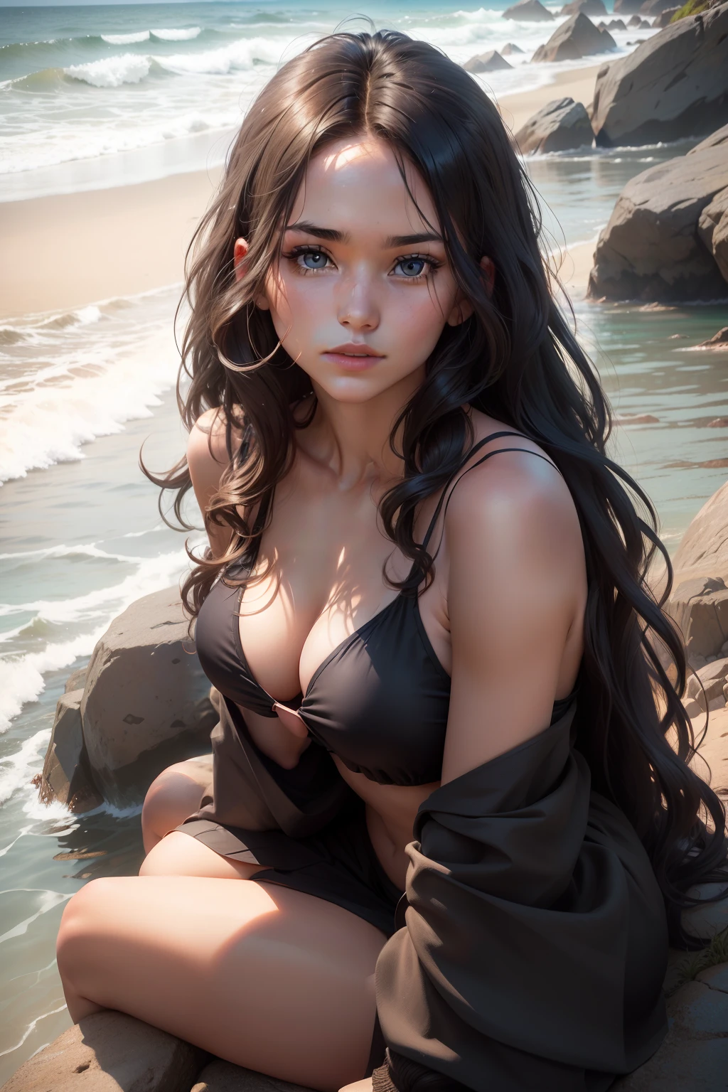 photography of a stunning girl, wearing a low cut top, wavy hair, sitting on rocks, beside the beach, looks into the camera, symmetrical eyes, symmetrical face, photorealistic, photography, path tracing , specular lighting, volumetric face light, path traced hair, visible shadows, intricate, elaborate, hyper realistic