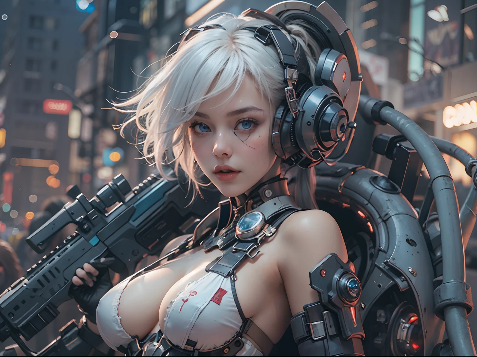 nsfw, 1girl, cyberpunk, mecha armor, mechanical, (masterpiece: 1.4), (8K, realistic, raw photo, best quality: 1.4), nipple areola shape clear, , Japanese girl, beautiful cute face, (real face: 1.4), perfect pussy, beautiful hairstyle, realistic blue eyes, beautiful detail eyes, (real skin: 1.3), beautiful skin, attractive, ultra high resolution, ultra realistic, off-sheller, night view, shiny moon, burning city, post apocalyptic world, cinematic lighting, white colored hair, long hair, twin ponytails, blue ribbons, gun in hands, alien spaceship, futuristic fantasy, sitting on machine, legs open, close view on pussy