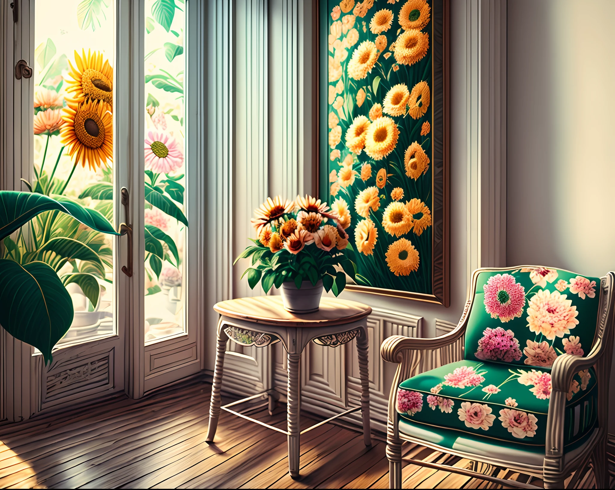 Soft sunshine,a plant,florals,Frequent coffee shops,a chair,Size hanging pictures --auto --s2