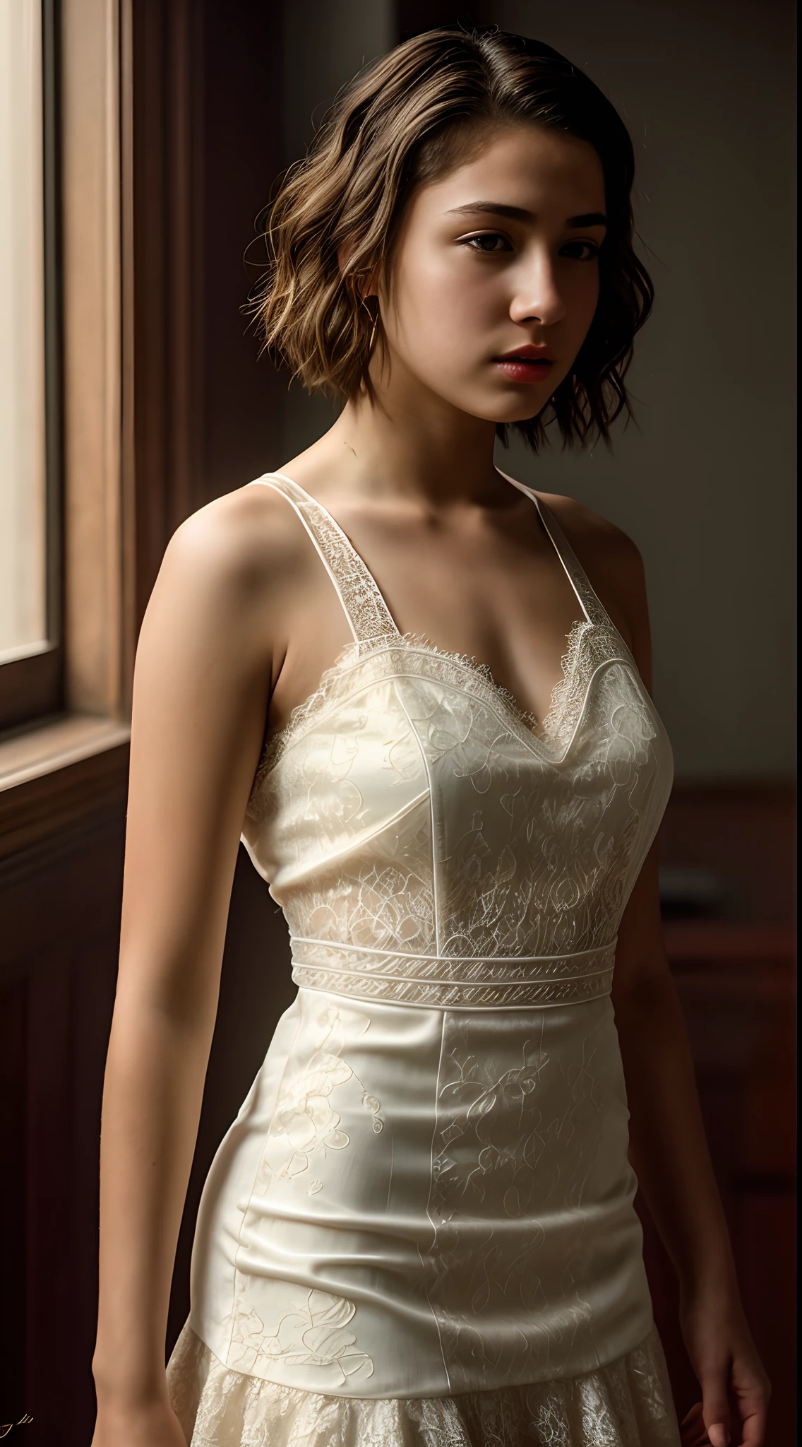 (ultra-realistic), (high resolution), (8K), (very detailed), (beautifully detailed eyes), (best quality), (super detailed), (masterpiece), (detailed face), solo, girl alone, adult woman, fine details, detailed face, natural light, smile, bust, short bathrobe, bath, see-through, long legs, thin waist, buttocks, buttocks show through, bust see-through, ultra-fine makeup, ultra-fine clothing, (( raised butt)), ((back)), short hair, bob,