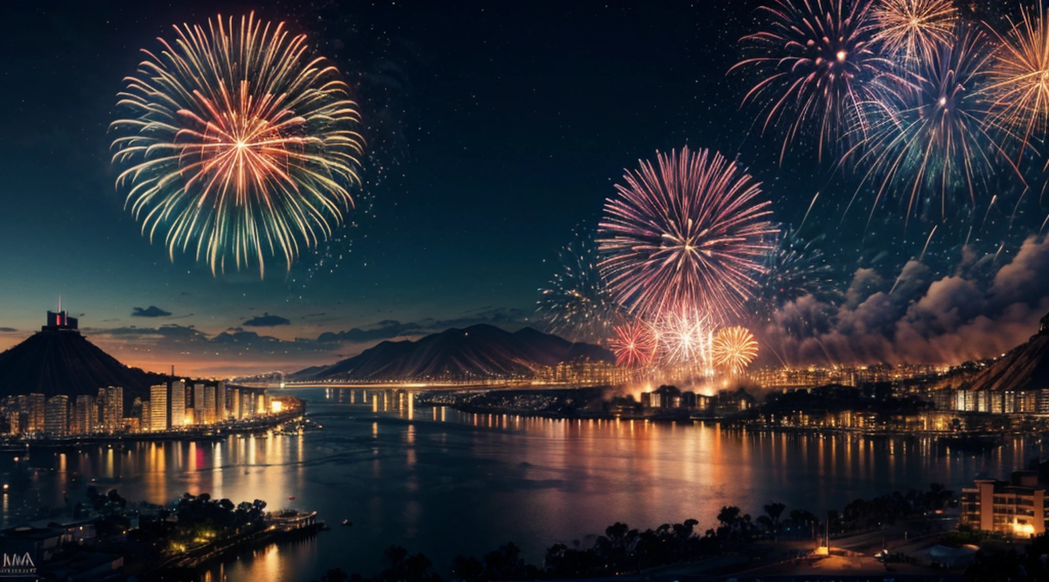 a photorealistic image of the night scene of a fireworks show over a city at night, Fireworks being reflected in the river, Photorealistic display of fireworks (melhores detalhes, master part, best quality), Hit detailed urban background at night, Cena inteira sendo refletida no Rio (melhores detalhes, master part, best quality), ultra melhor realista, melhores detalhes, best quality, 16k, [ultra detalhado], master part, best quality, (extremamente detalhado), tiro ultra largo, fotorrealismo, profundidade de campo, imagem hiper realista, 3D rendering