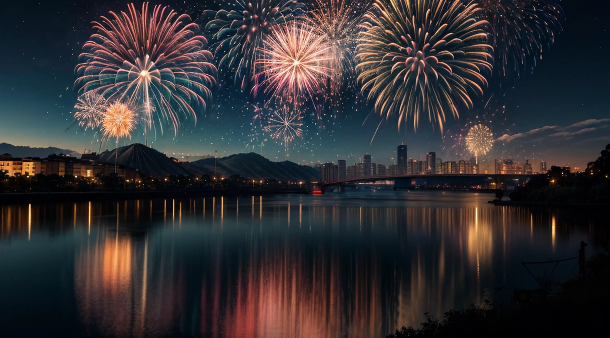 a photorealistic image of the night scene of a fireworks show over a city at night, Fireworks being reflected in the river, Photorealistic display of fireworks (melhores detalhes, master part, best quality), Hit detailed urban background at night, Cena inteira sendo refletida no Rio (melhores detalhes, master part, best quality), ultra melhor realista, melhores detalhes, best quality, 16k, [ultra detalhado], master part, best quality, (extremamente detalhado), tiro ultra largo, fotorrealismo, profundidade de campo, imagem hiper realista, 3D rendering