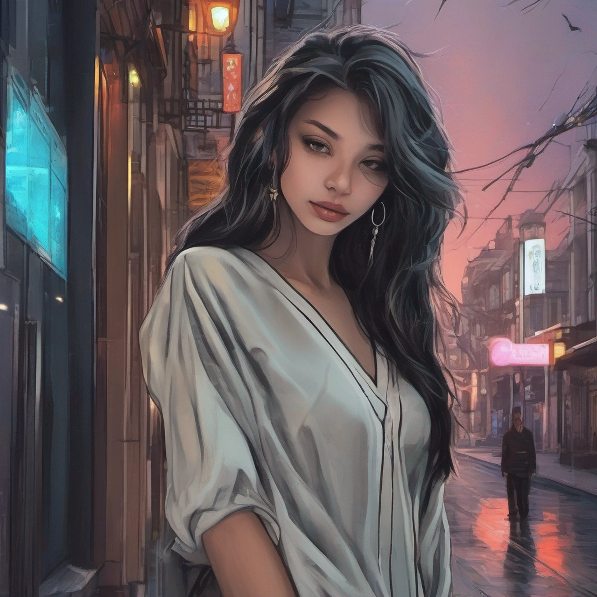 A girl is undergoing metamorphosis into a humanoid wolf in the middle of the city. She's standing on the sidewalk, With your back to the camera. She is wearing a long black dress and her hair is loose. Your skin is starting to change color, and your teeth are starting to grow. Her eyes are closed and she's making an expression of pain. The moon is full in the sky, and the stars are shining. The street is empty, And the only thing you hear is the sound of the wolf's howls.