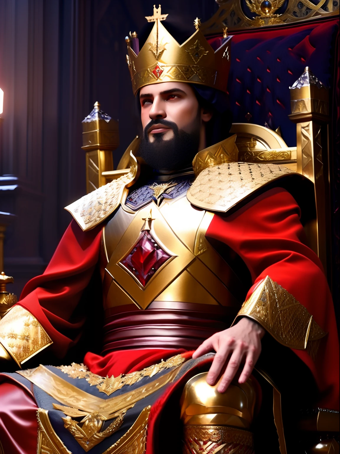 A king sitting on a throne wearing a red king robe with a knight wearing golden clothes and knees to king, the knight holding a sword, cinematic, volumetric lighting, ultra-super detailed, realistic