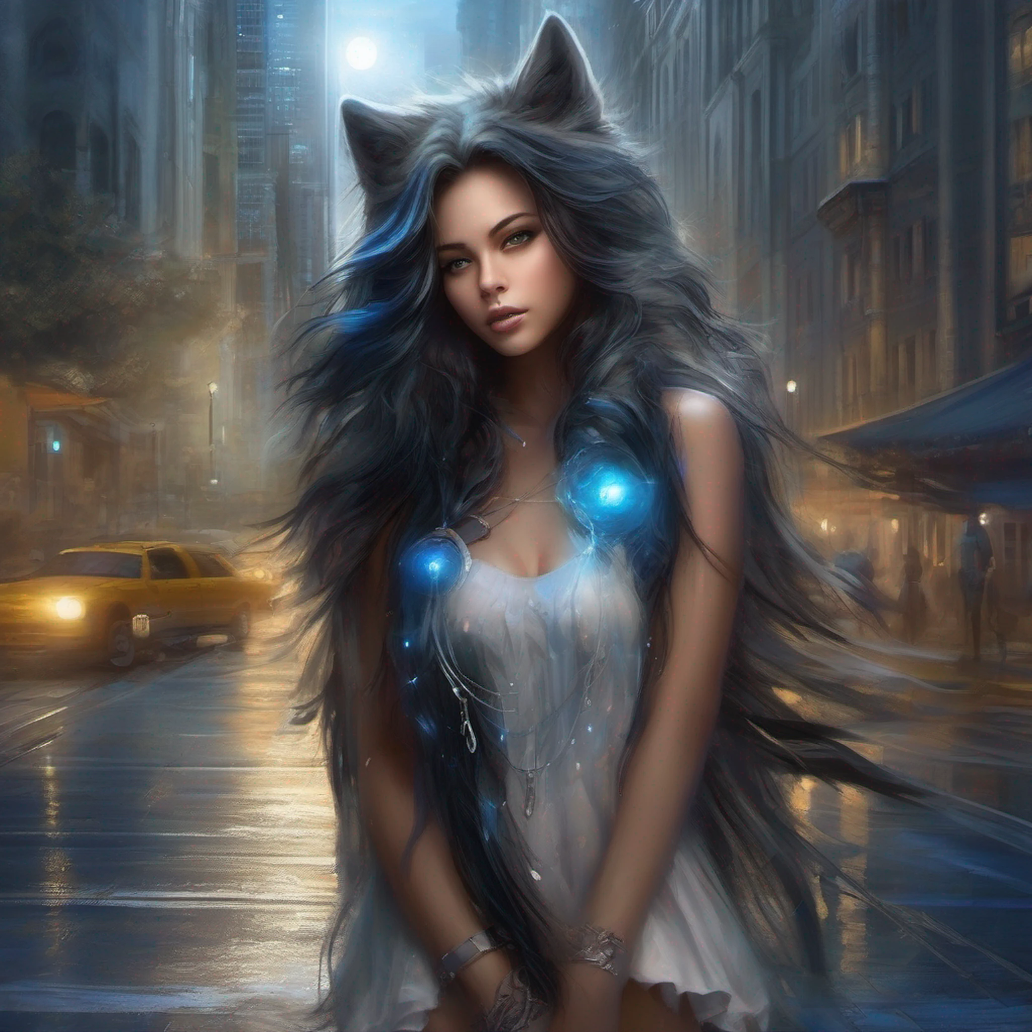 Lua azul ao fundo, A girl is undergoing metamorphosis into a humanoid wolf in the middle of the city,